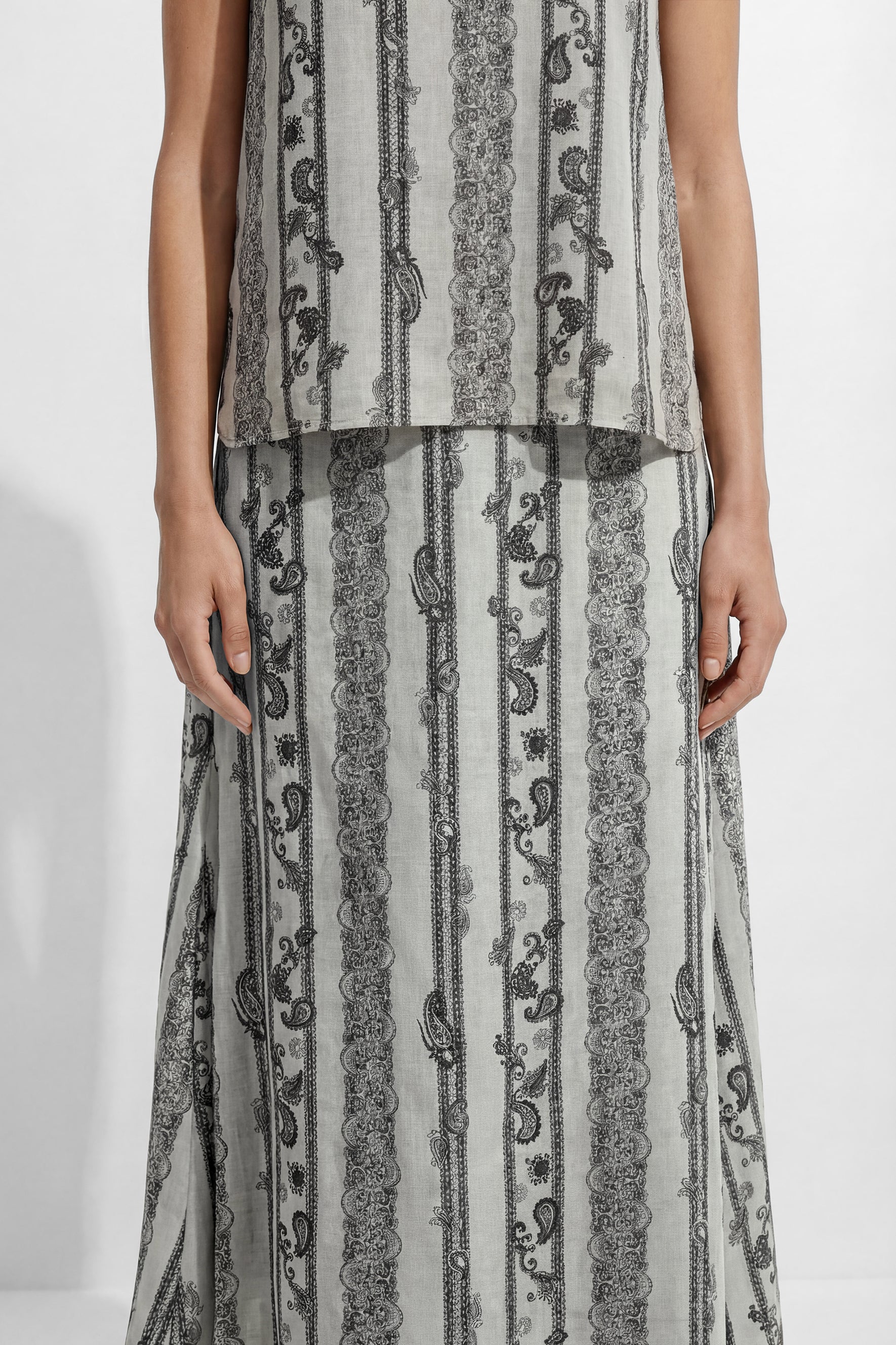 Softly Defined Beige Stripe Paisley Print Top & Skirt Set