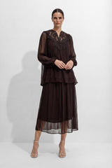 Made For Moments Brown Lace Embroidered Silk Top & Skirt Set