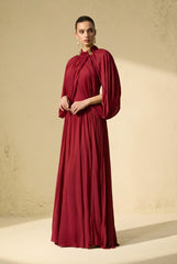 Twilight Whispers Red Draped Cape Sleeve Knit Maxi Dress