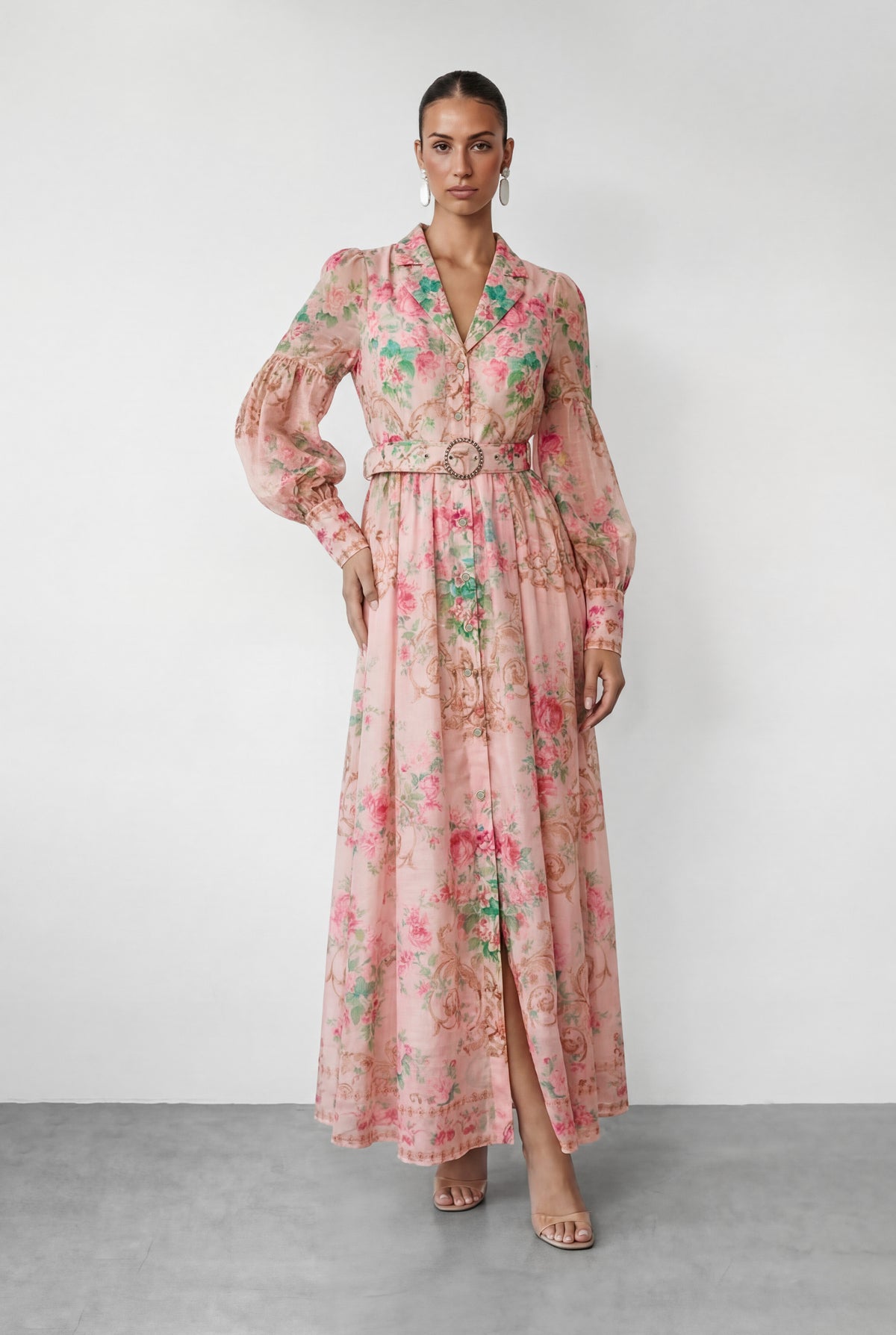 Vivid Daydream Pink Floral Print Rhinestone Belt Maxi Dress