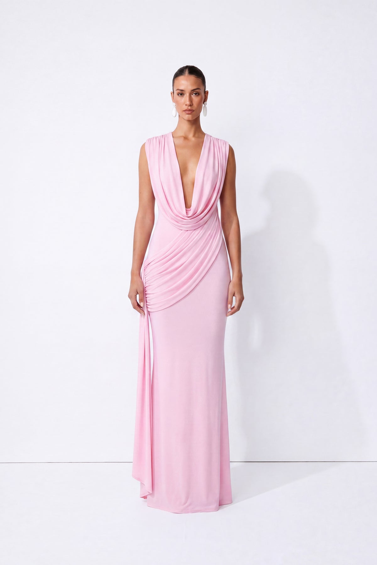 Dangerous Romance Pink Cowl Neck Draped Maxi Dress