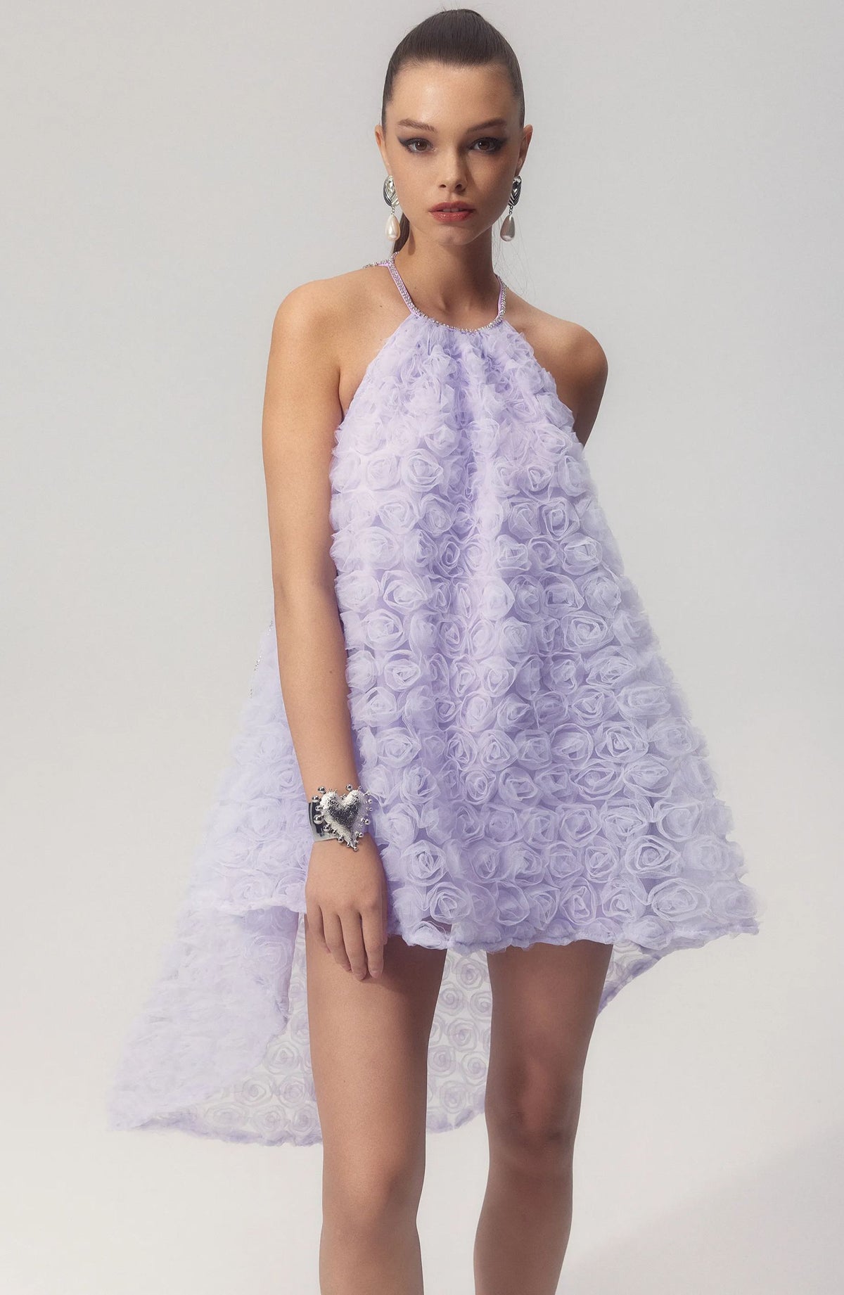 Michaelia Floral Applique Halter Mini Mesh Dress