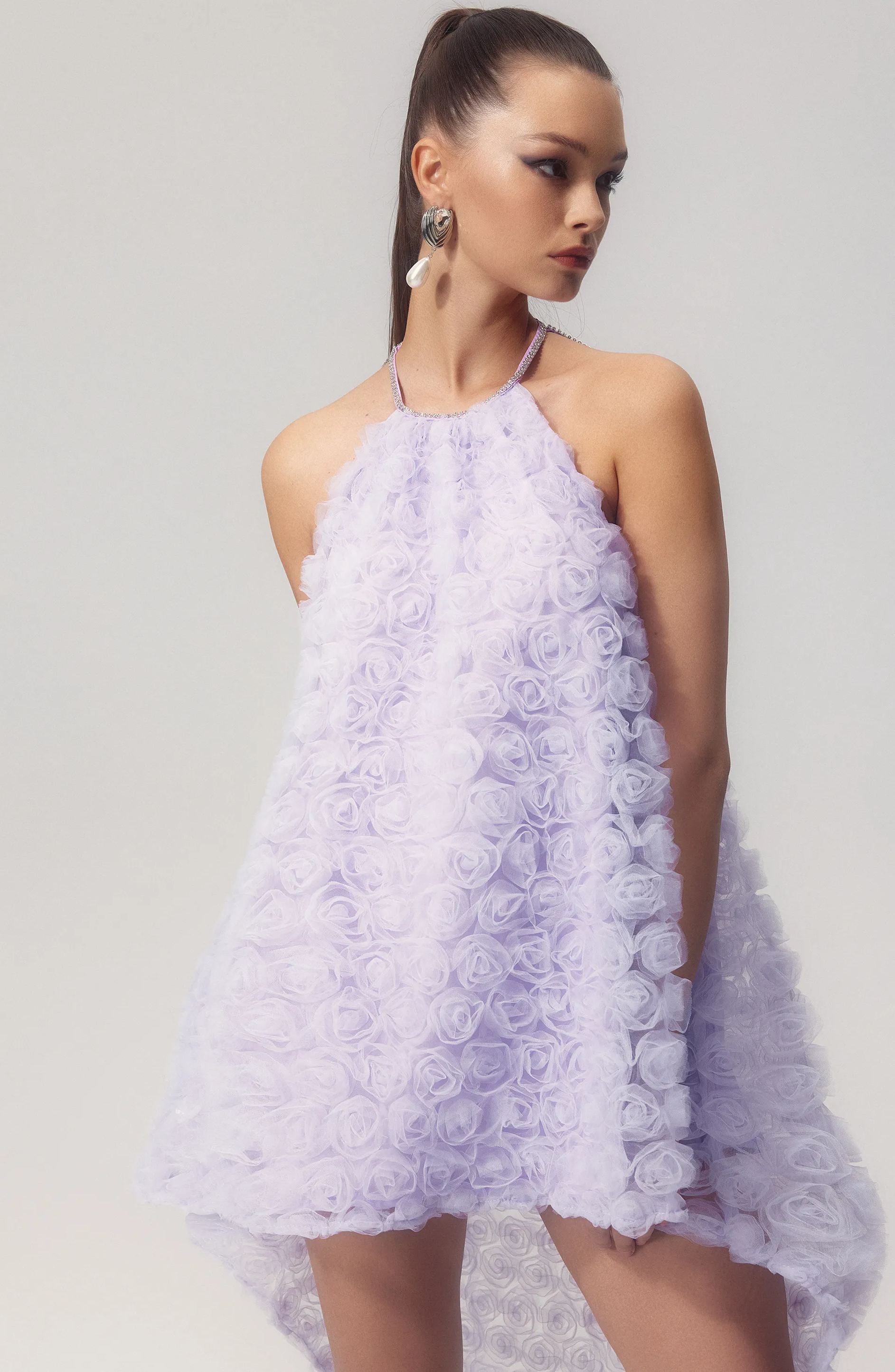 Michaelia Floral Applique Halter Mini Mesh Dress