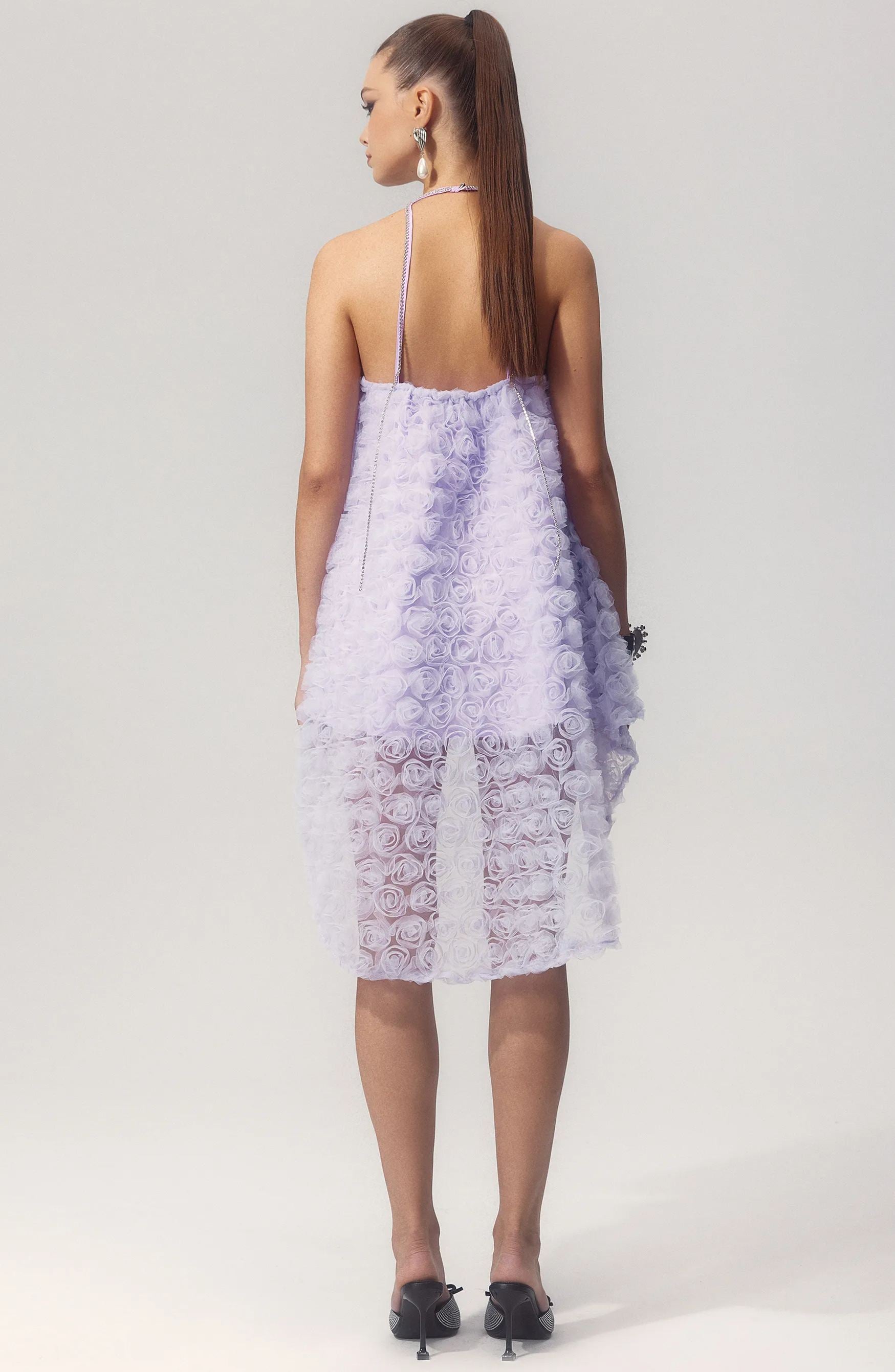 Michaelia Floral Applique Halter Mini Mesh Dress