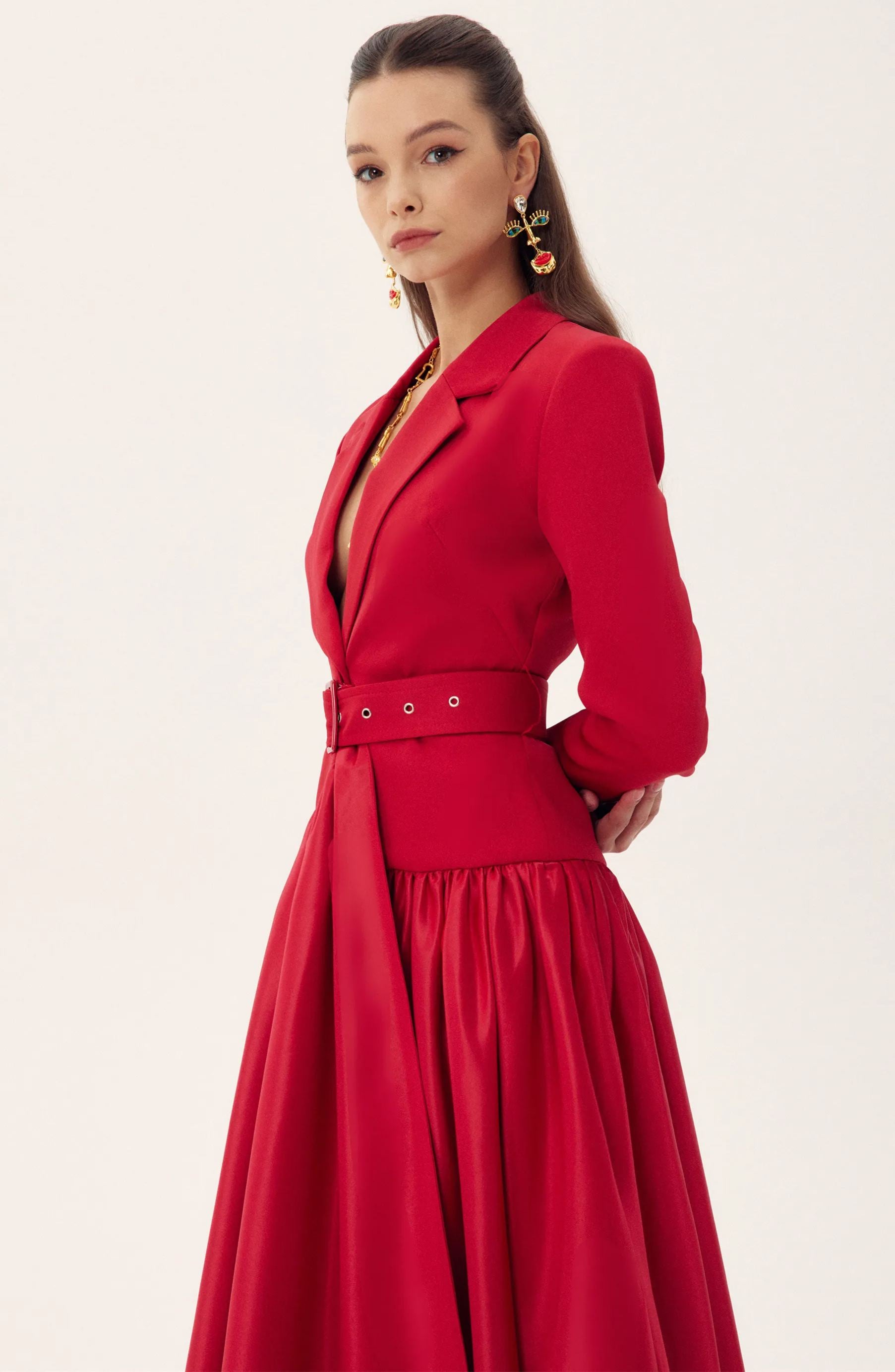 Daphne Notch Lapel Long Sleeve Midi Dress