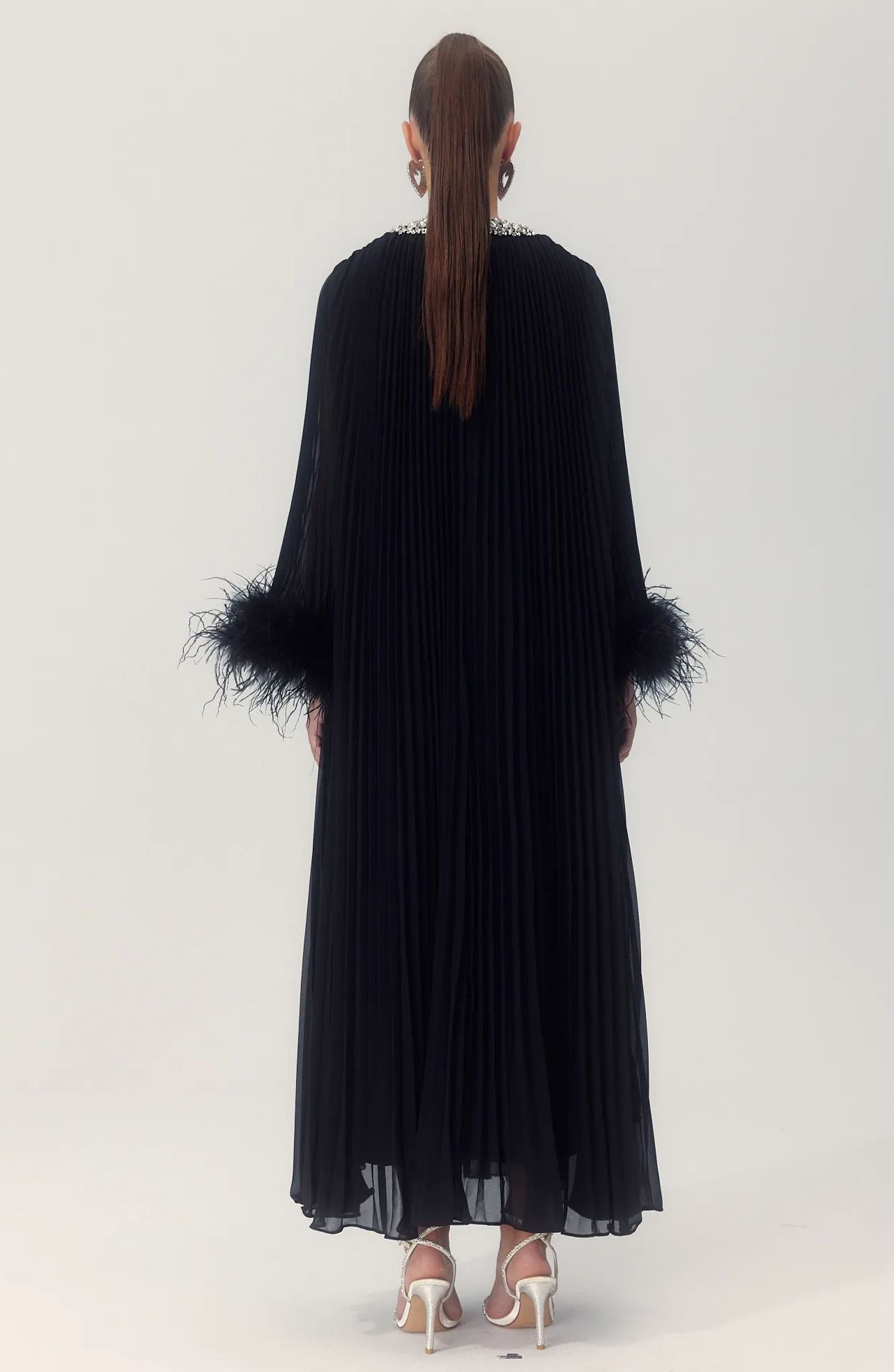Yvonne Diamante Feathered Pleated Maxi Chiffon Dress