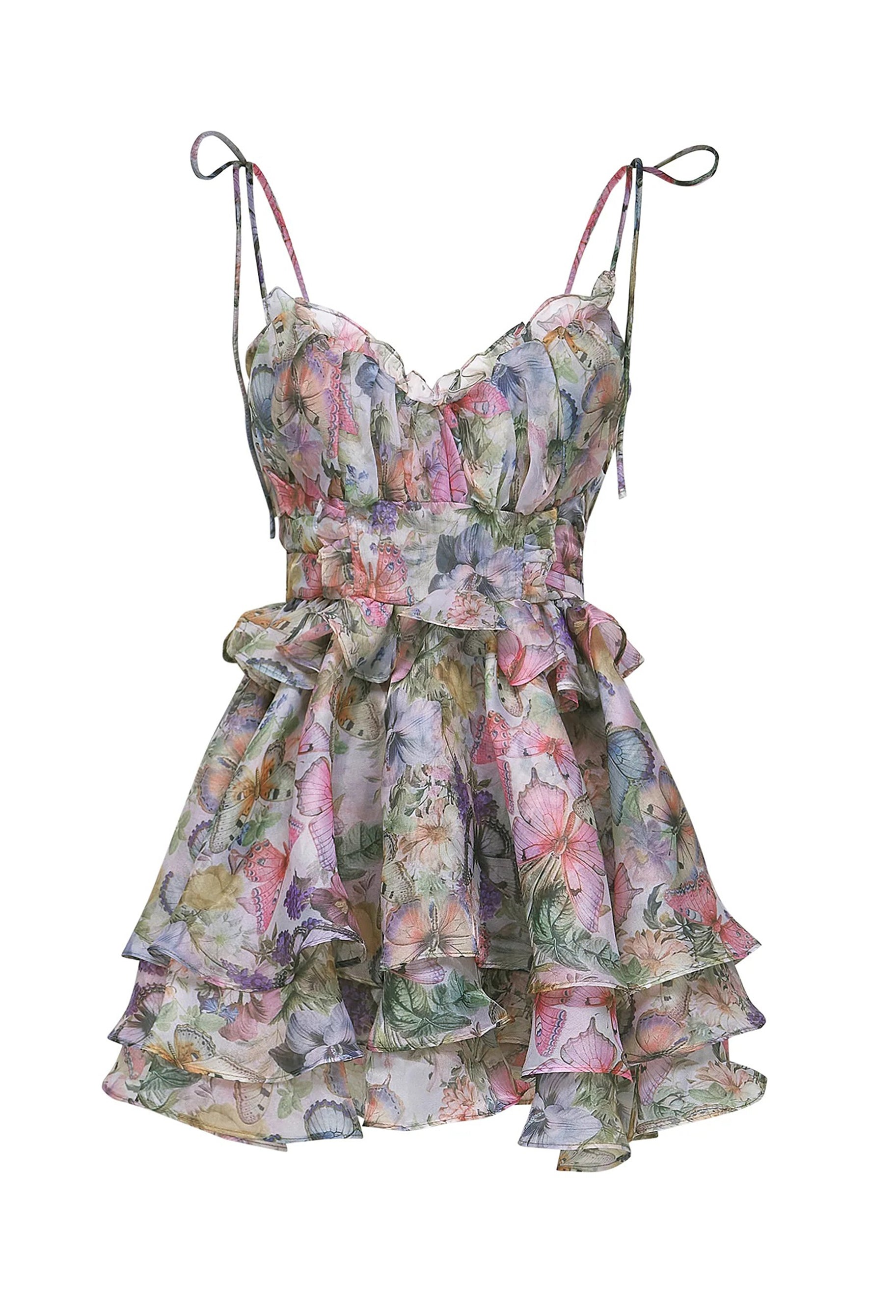 Vita Butterfly Print Ruffle Layered Mini Dress