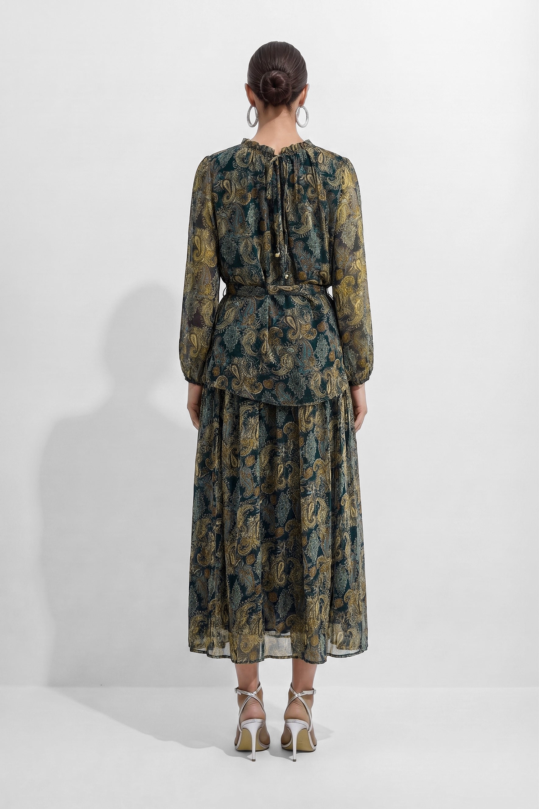 Dark Emerald Green Paisley Print Georgette Top & Skirt Set