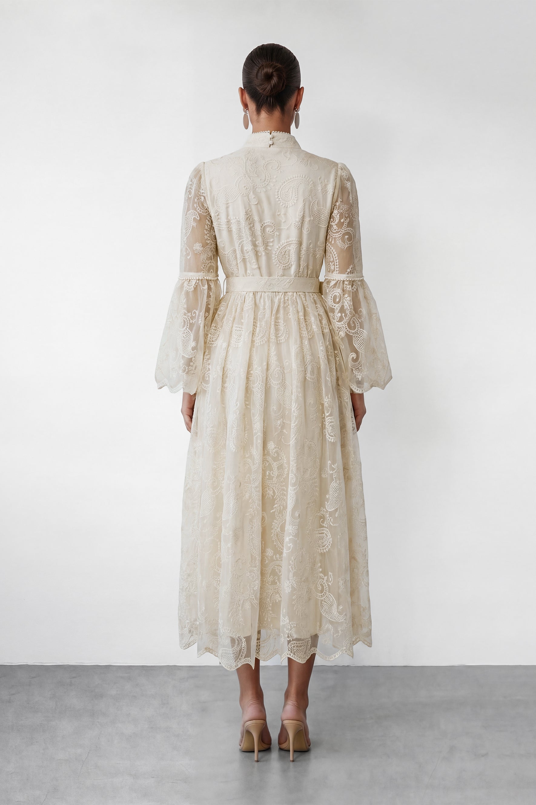 Admirable Elegance Beige Lace Embroidered Sheer Sleeve Maxi Dress