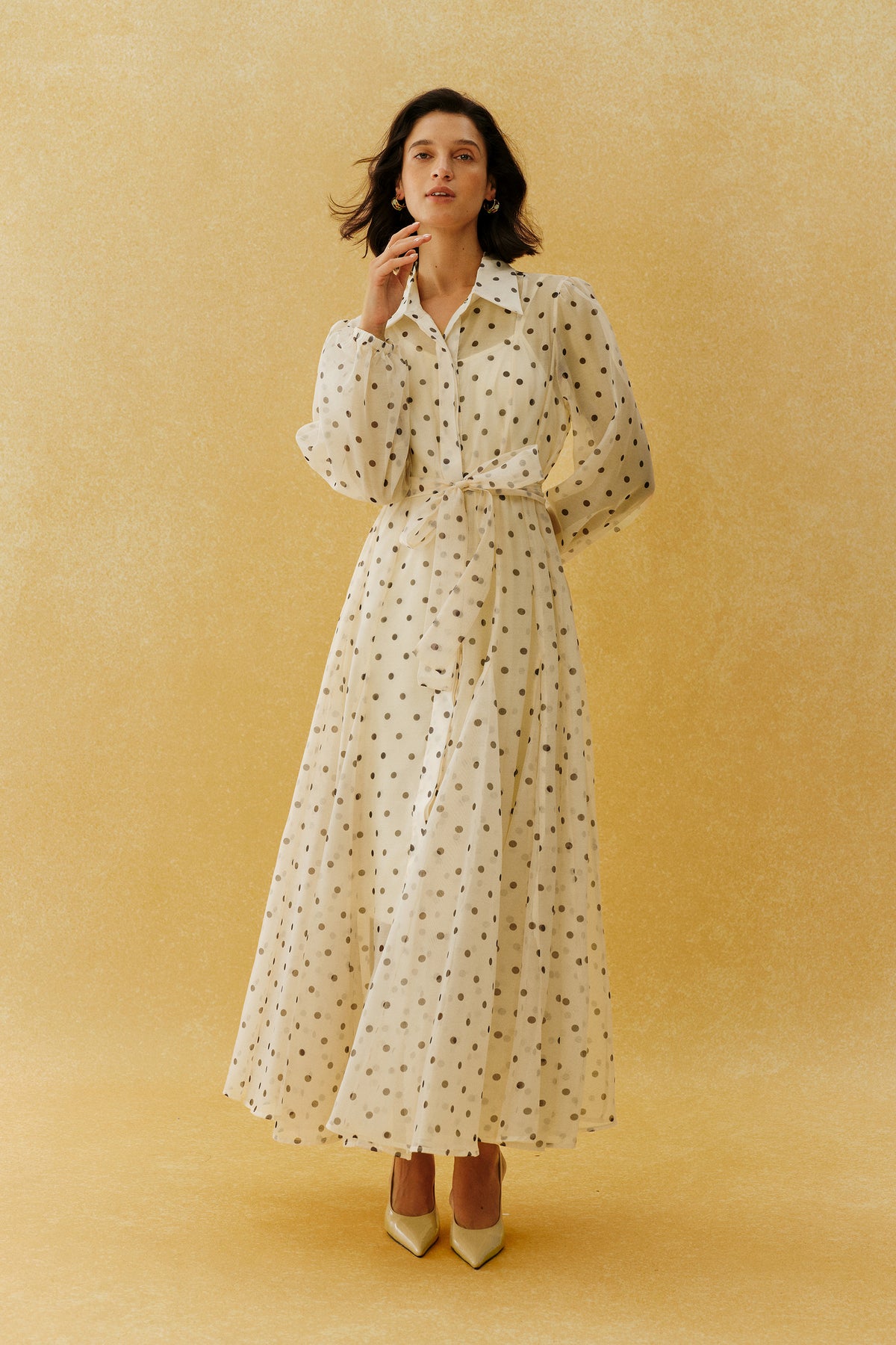 Vintage Charm Beige Polka Dot Puff Sleeve Maxi Dress