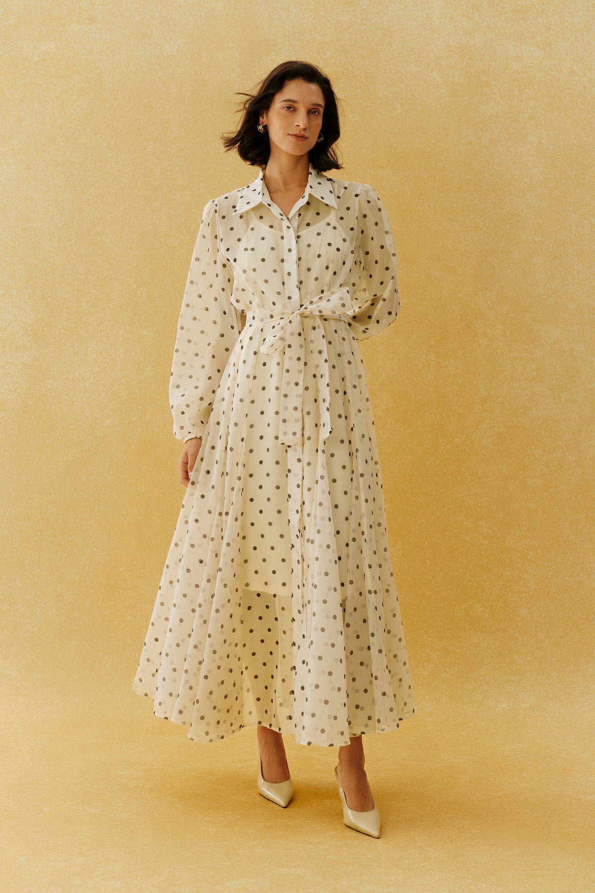 Vintage Charm Beige Polka Dot Puff Sleeve Maxi Dress