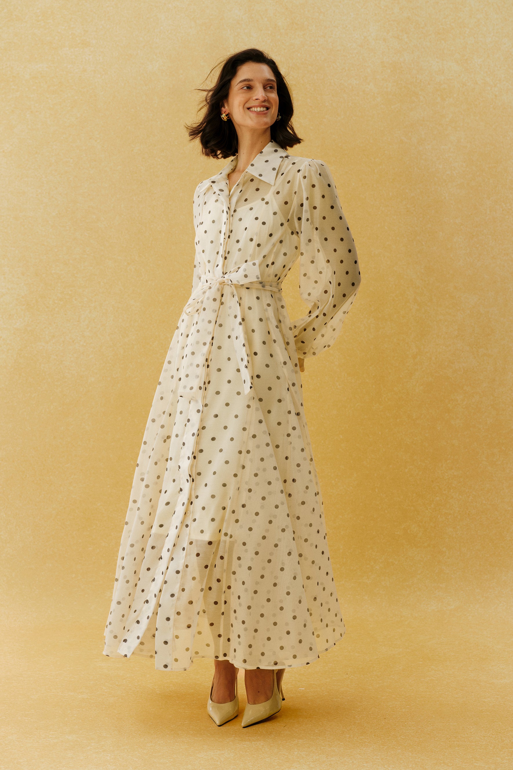 Vintage Charm Beige Polka Dot Puff Sleeve Maxi Dress