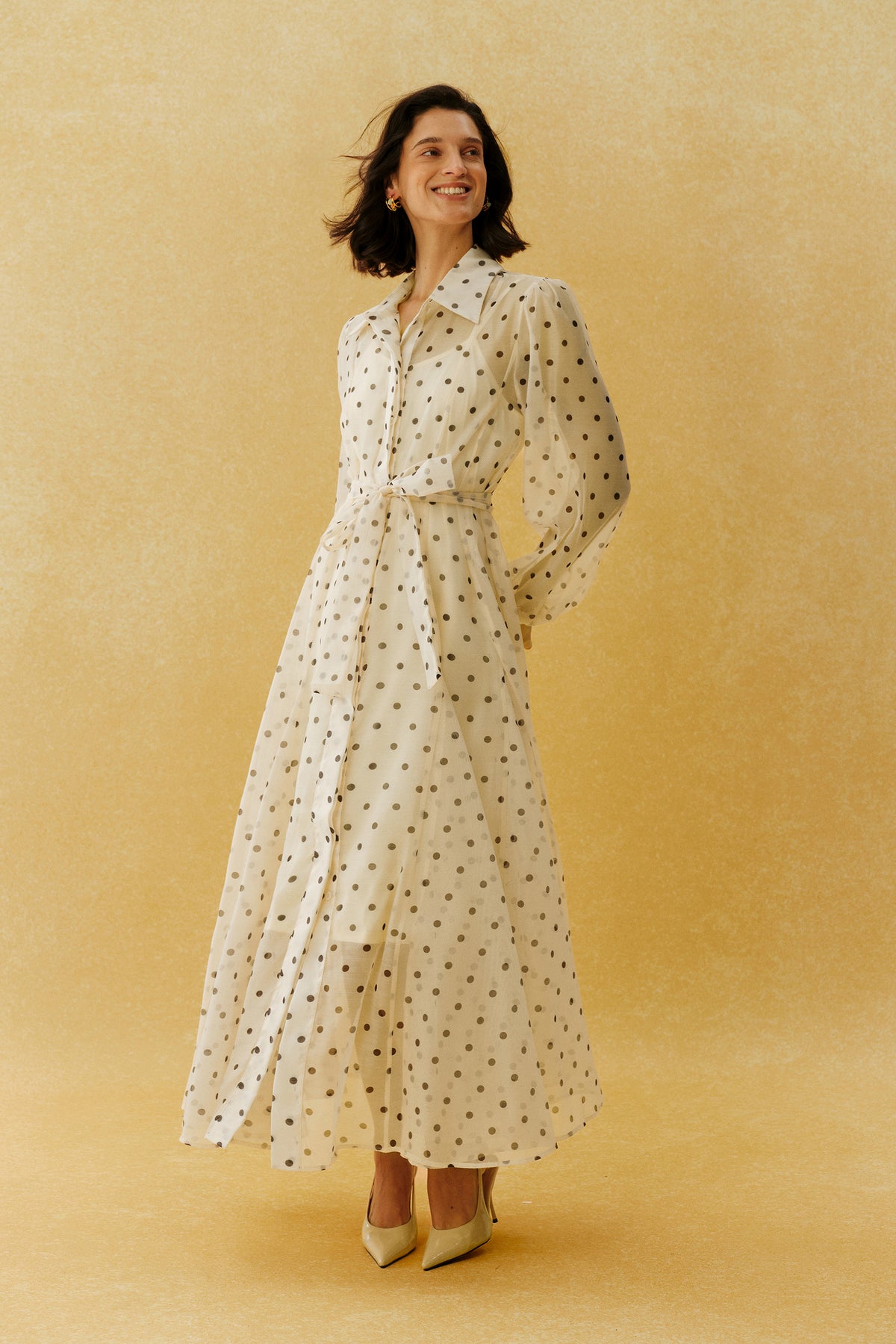 Vintage Charm Beige Polka Dot Puff Sleeve Maxi Dress