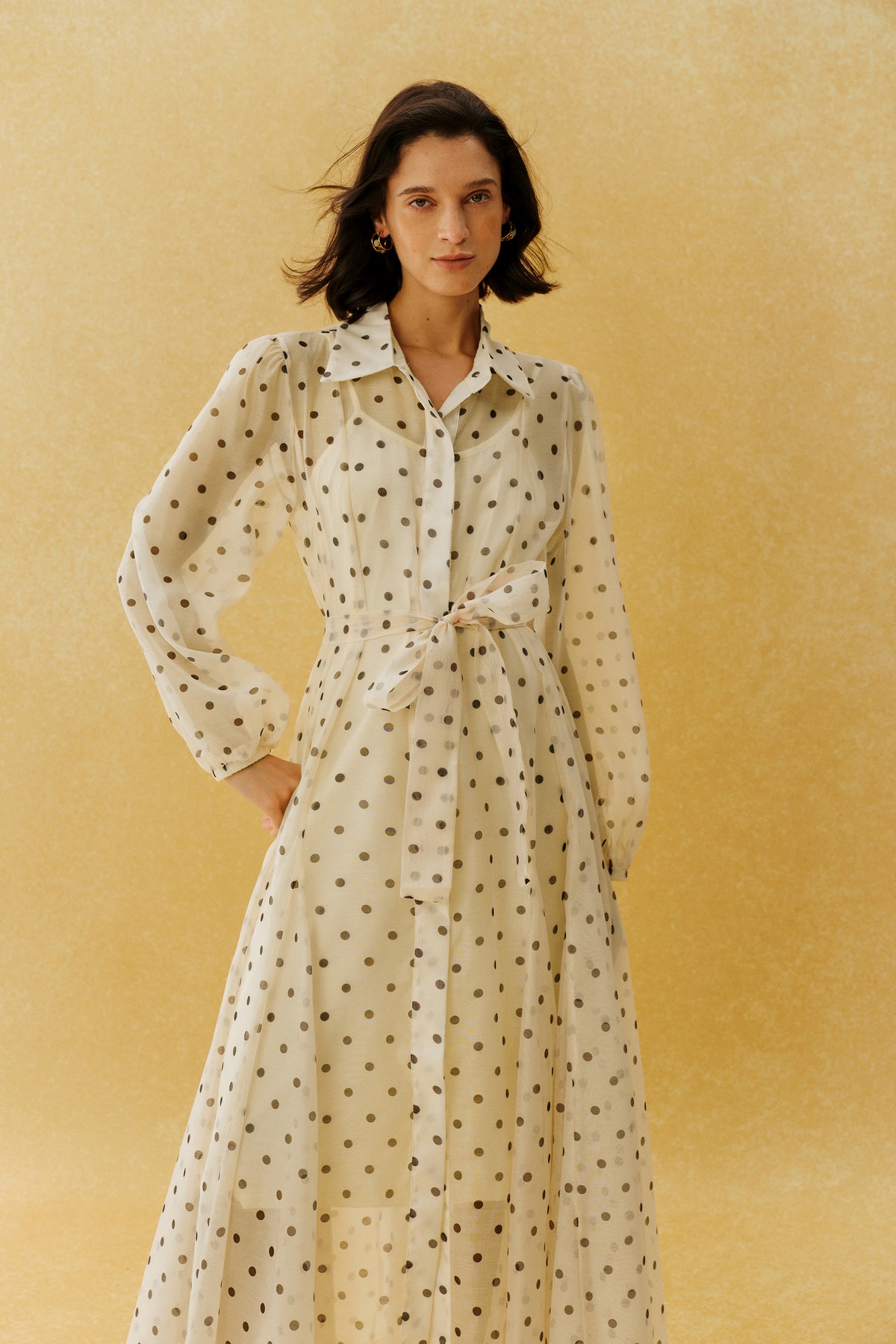 Vintage Charm Beige Polka Dot Puff Sleeve Maxi Dress