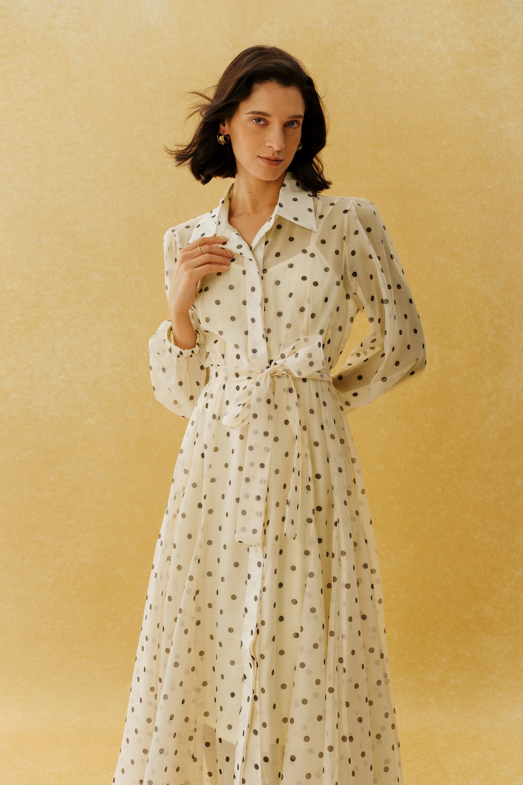 Vintage Charm Beige Polka Dot Puff Sleeve Maxi Dress