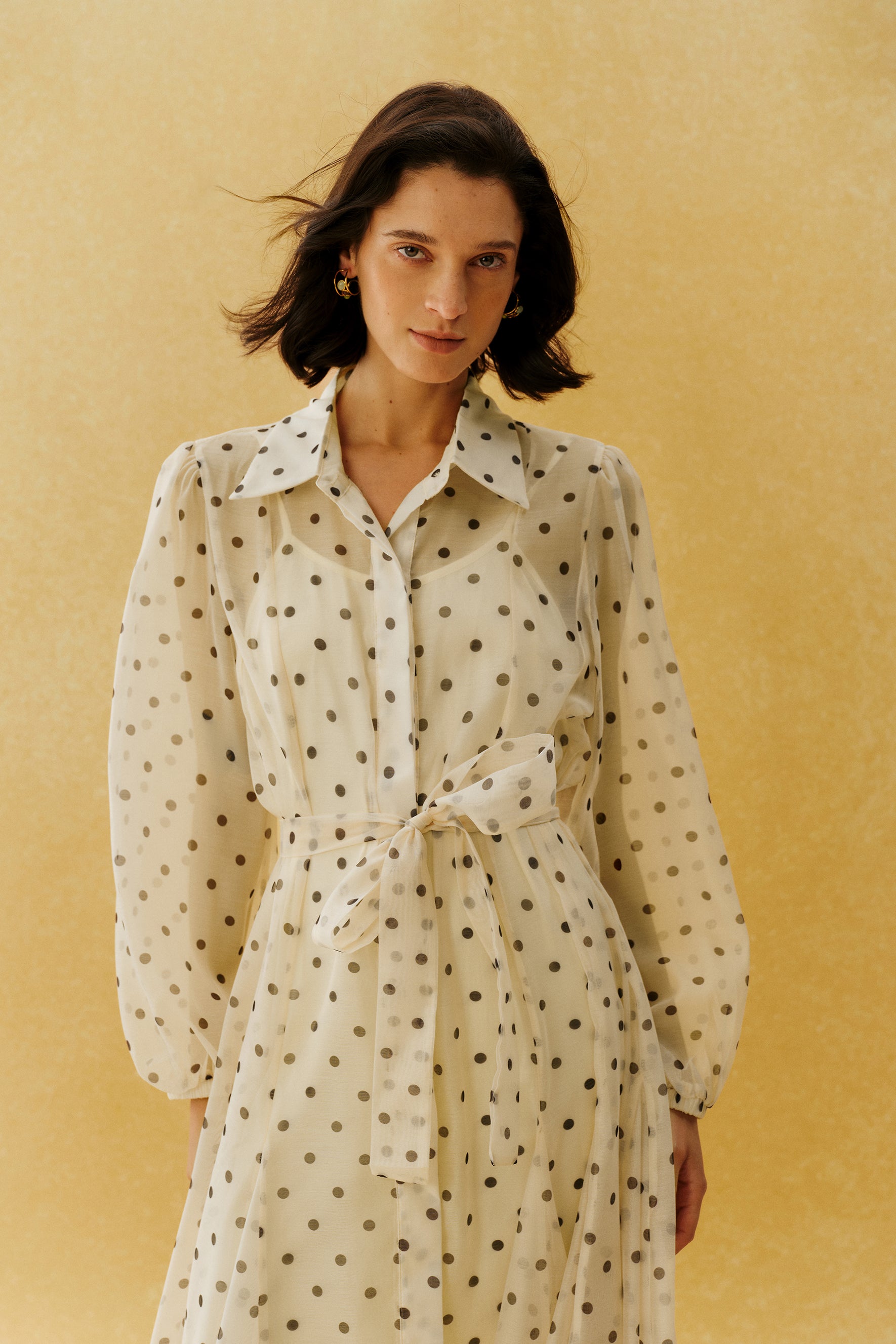 Vintage Charm Beige Polka Dot Puff Sleeve Maxi Dress