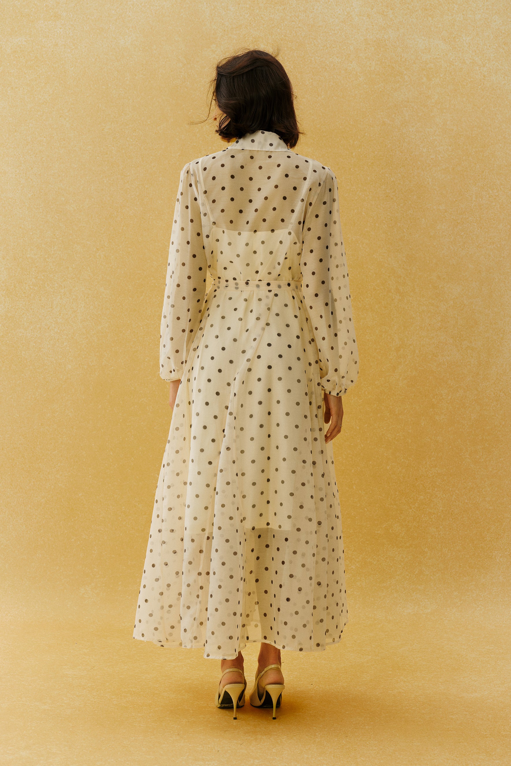 Vintage Charm Beige Polka Dot Puff Sleeve Maxi Dress