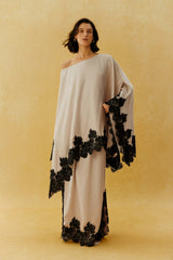 Don't Look Away Beige Lace Trim One Shoulder Top & Skirt Set