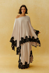 Don't Look Away Beige Lace Trim One Shoulder Top & Skirt Set
