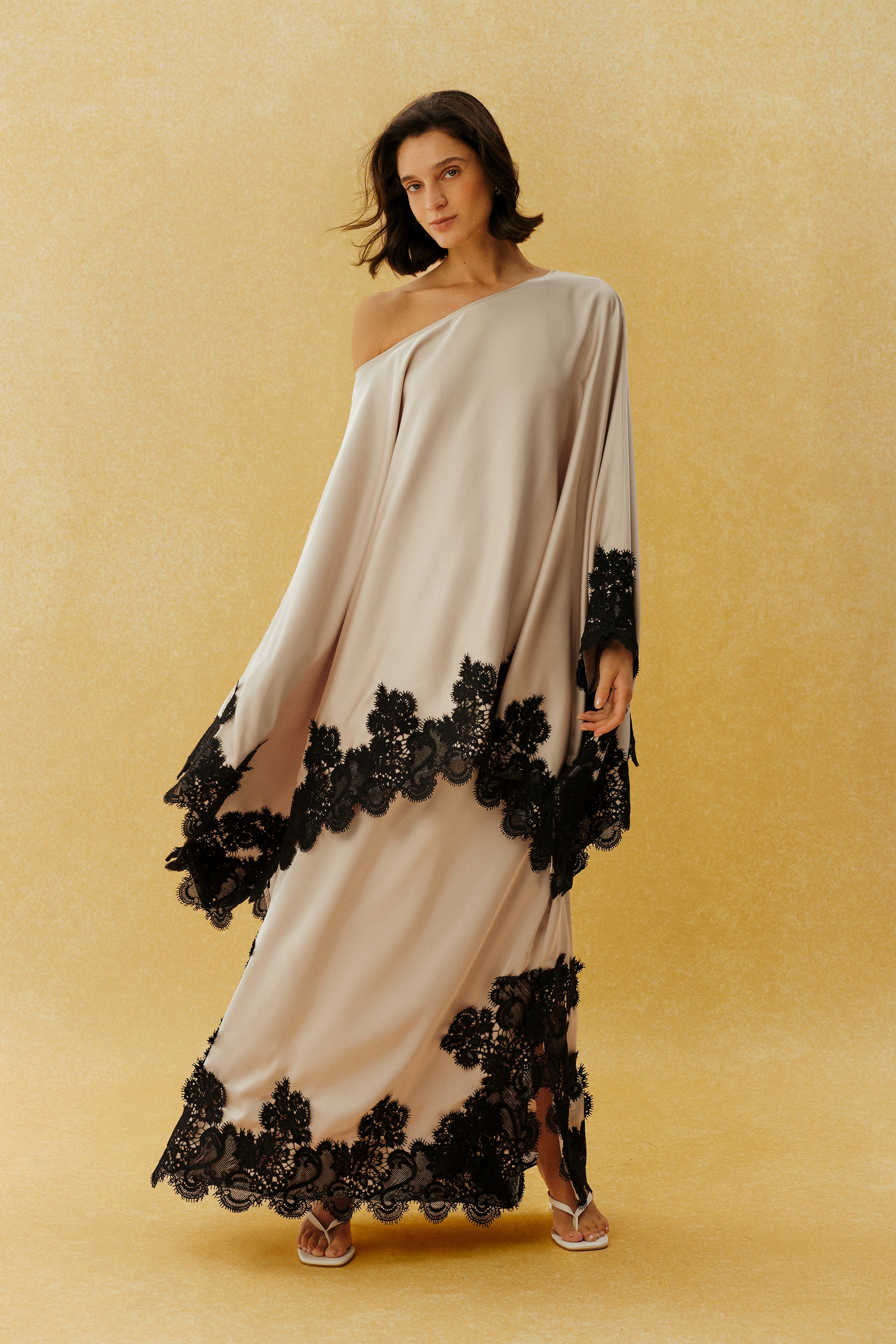 Don't Look Away Beige Lace Trim One Shoulder Top & Skirt Set
