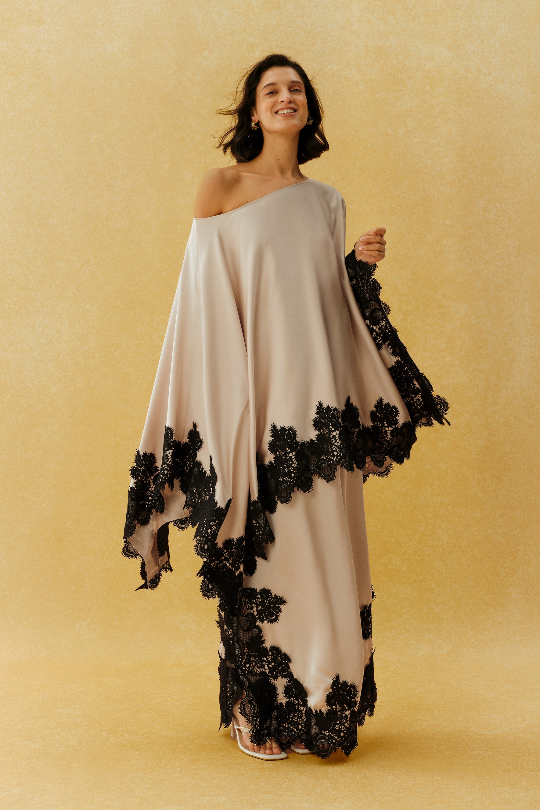 Don't Look Away Beige Lace Trim One Shoulder Top & Skirt Set