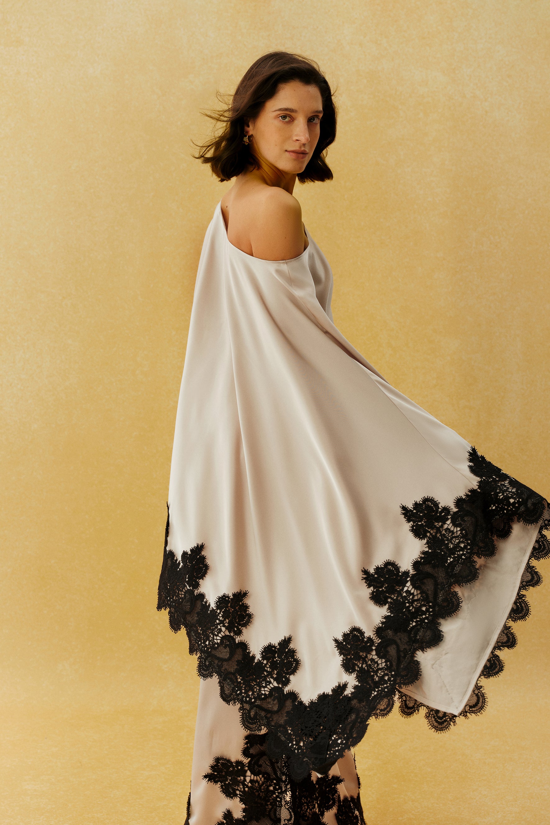 Don't Look Away Beige Lace Trim One Shoulder Top & Skirt Set