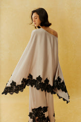 Don't Look Away Beige Lace Trim One Shoulder Top & Skirt Set