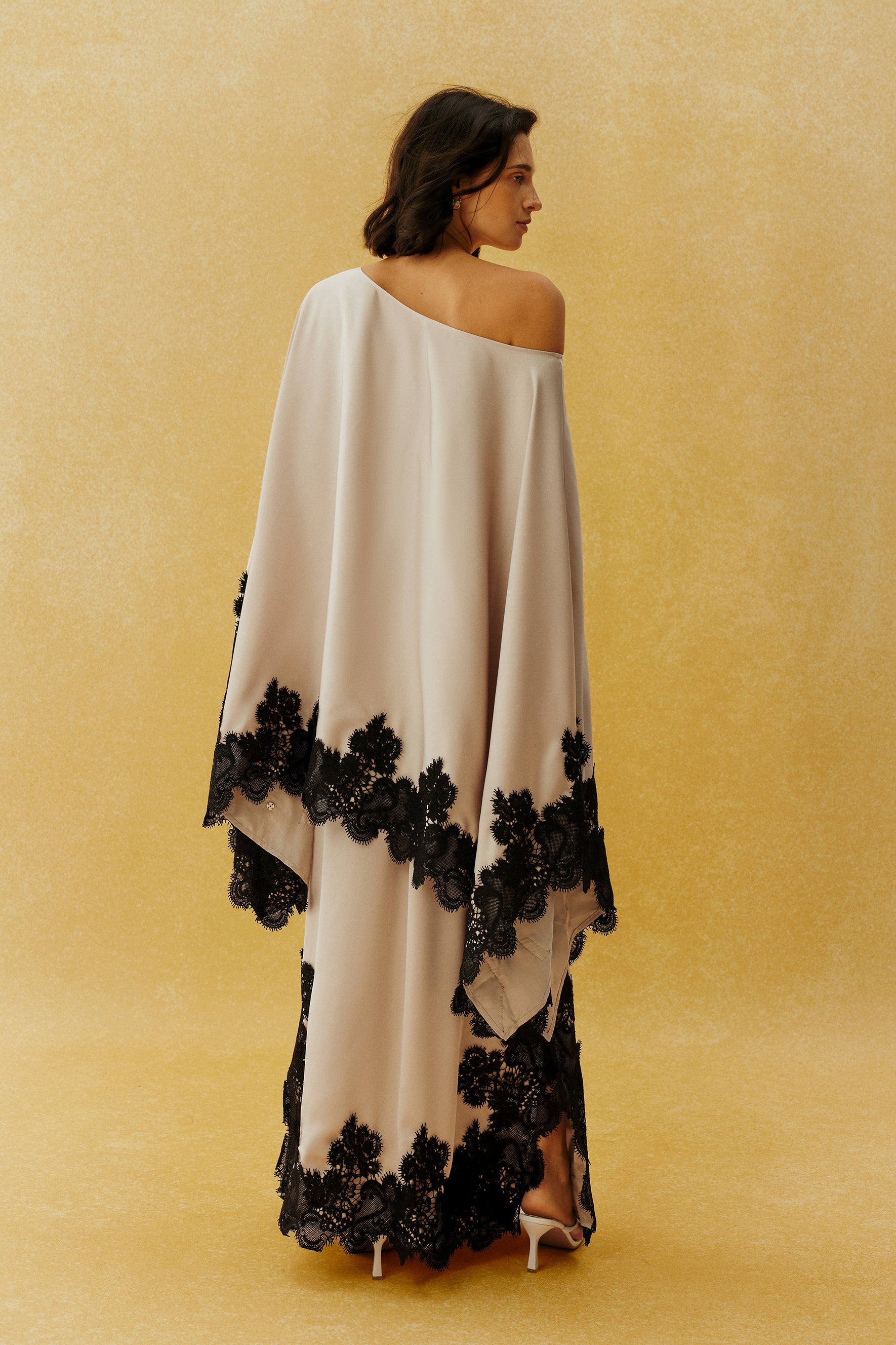 Don't Look Away Beige Lace Trim One Shoulder Top & Skirt Set