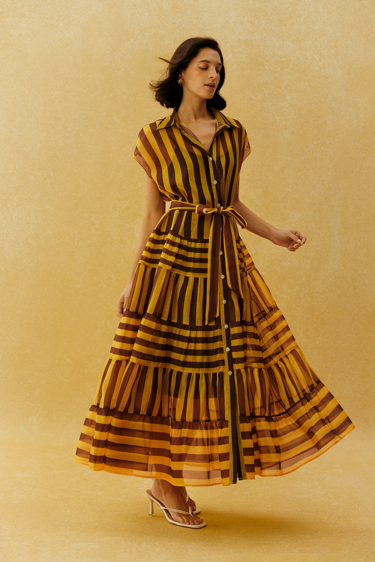 Retro Rendezvous Yellow Striped Cap Sleeve Maxi Dress
