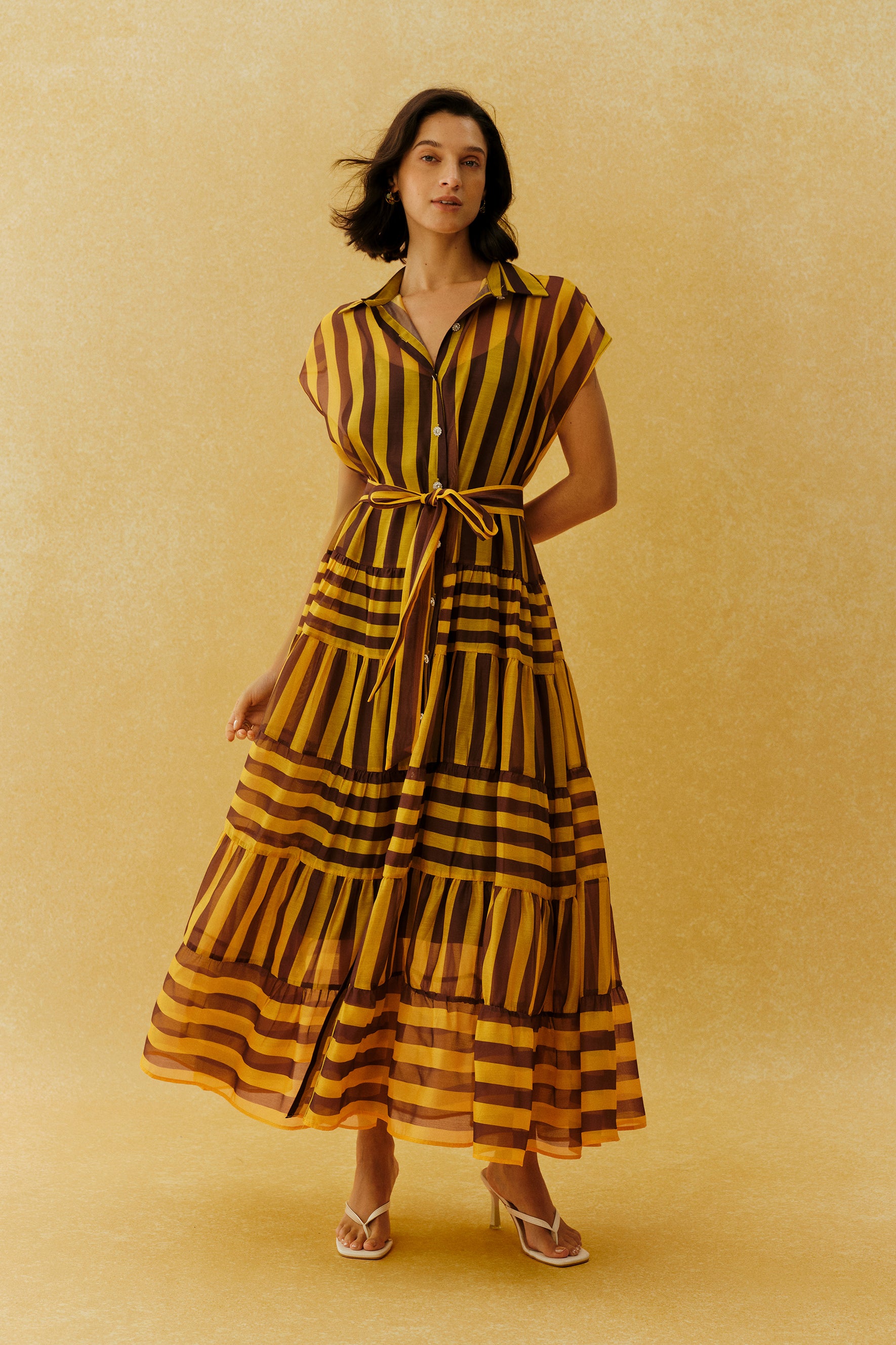 Retro Rendezvous Yellow Striped Cap Sleeve Maxi Dress