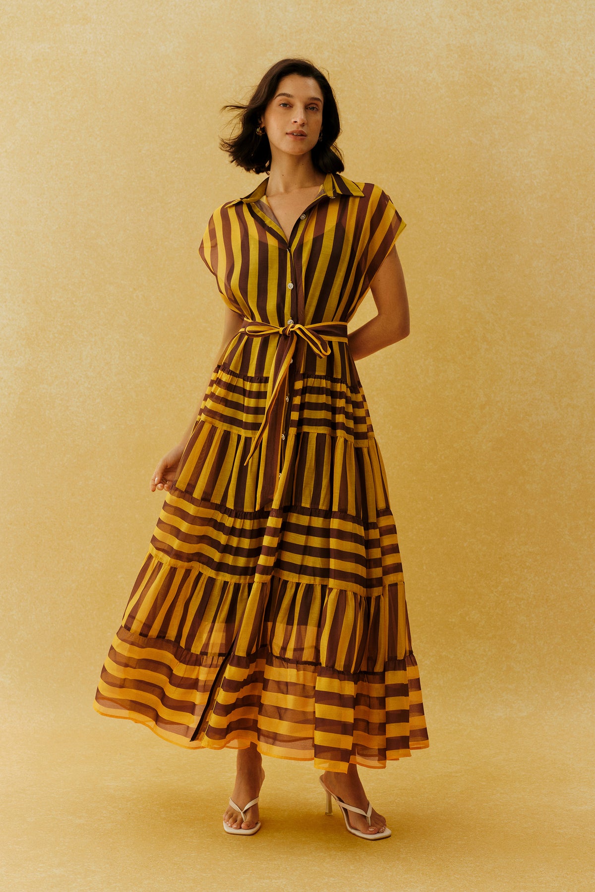 Retro Rendezvous Yellow Striped Cap Sleeve Maxi Dress