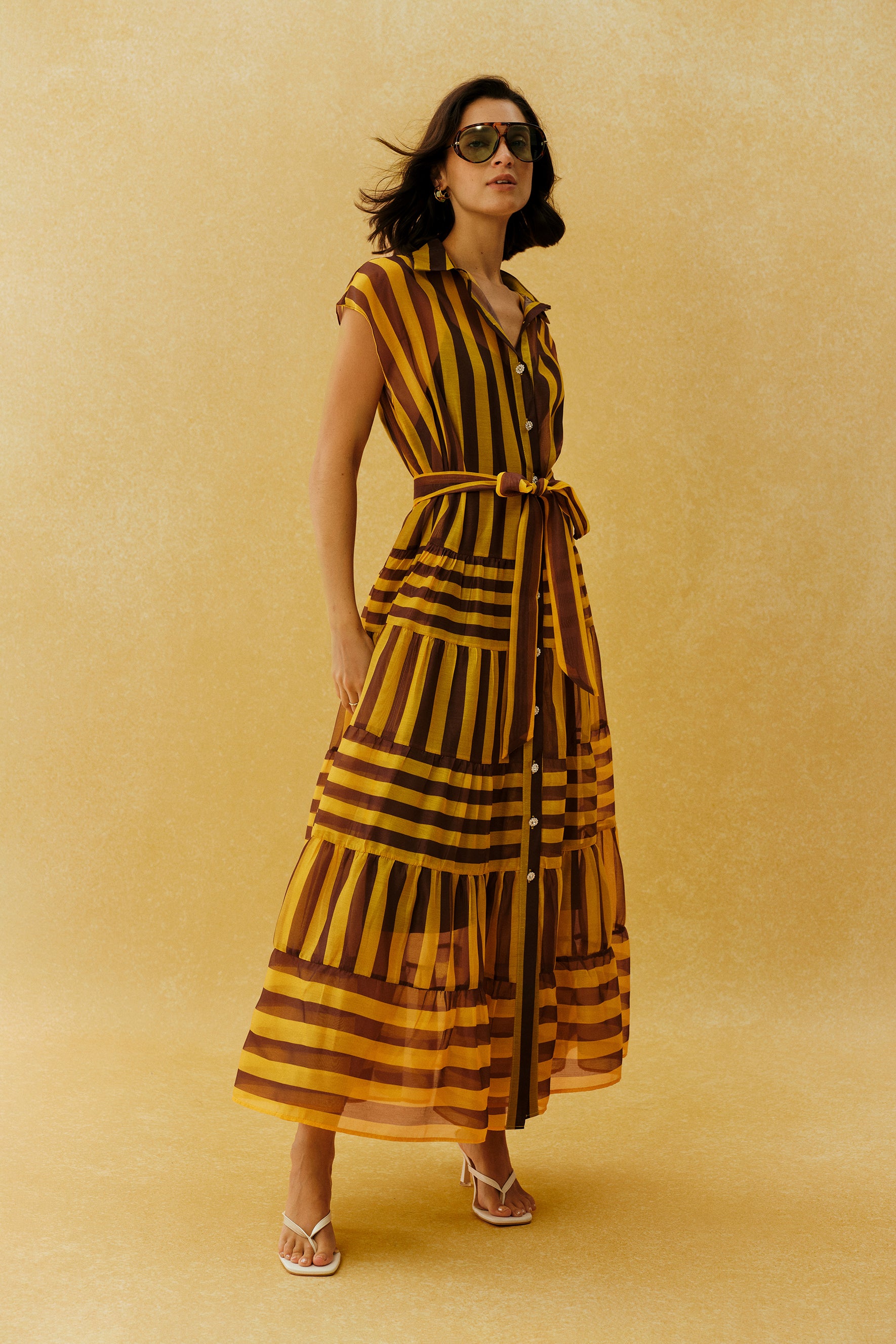 Retro Rendezvous Yellow Striped Cap Sleeve Maxi Dress