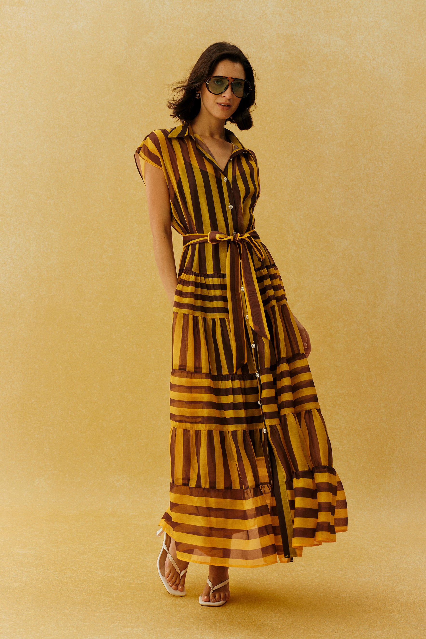 Retro Rendezvous Yellow Striped Cap Sleeve Maxi Dress