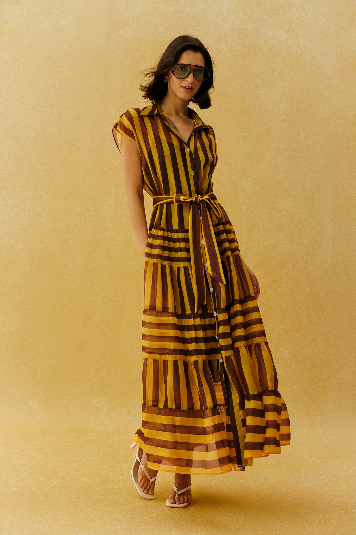 Retro Rendezvous Yellow Striped Cap Sleeve Maxi Dress