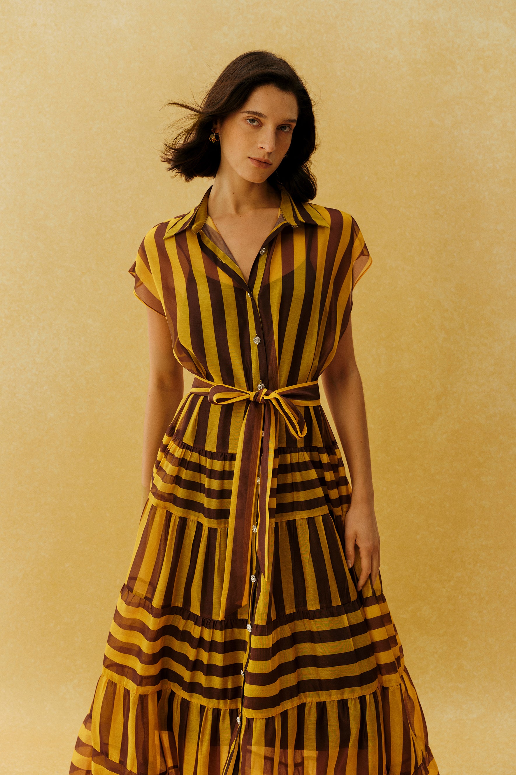 Retro Rendezvous Yellow Striped Cap Sleeve Maxi Dress