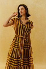 Retro Rendezvous Yellow Striped Cap Sleeve Maxi Dress