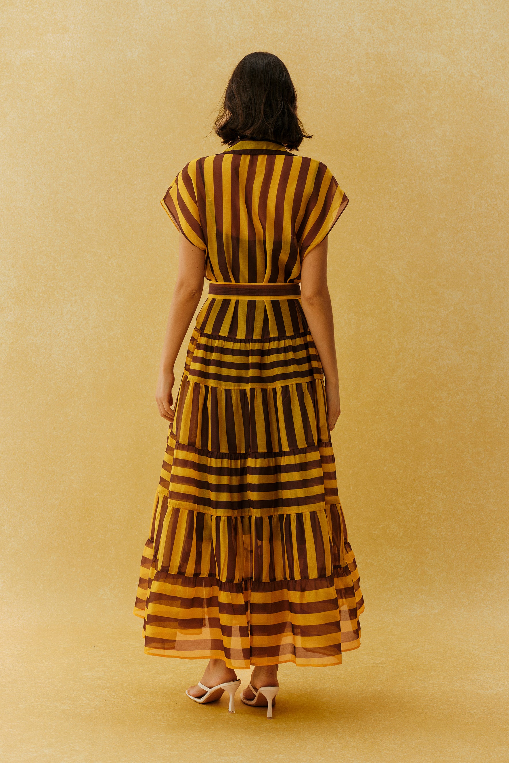 Retro Rendezvous Yellow Striped Cap Sleeve Maxi Dress