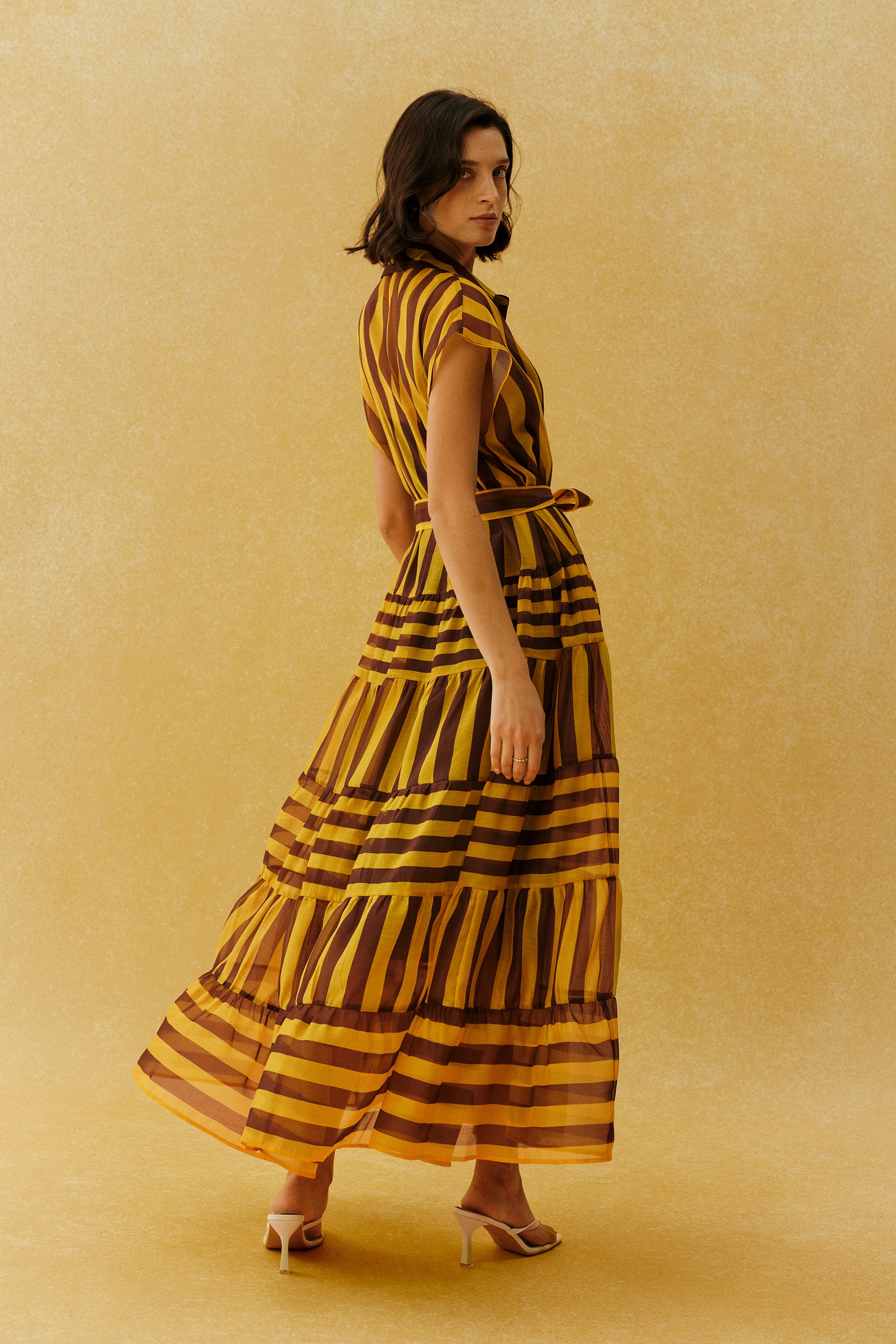 Retro Rendezvous Yellow Striped Cap Sleeve Maxi Dress