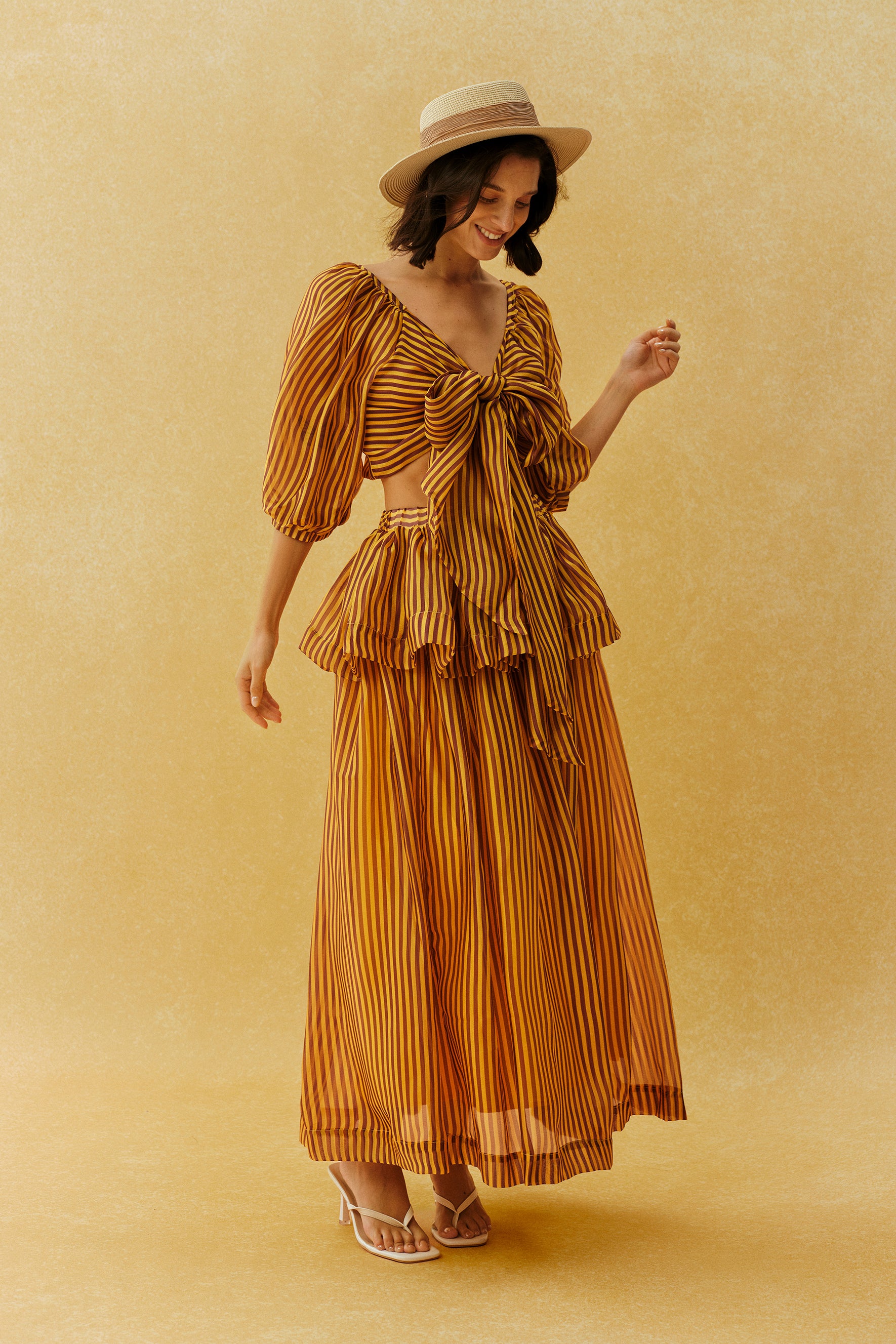 Lazy Holiday Burnt Orange Stripe Tie Front Crop Top & Skirt Set