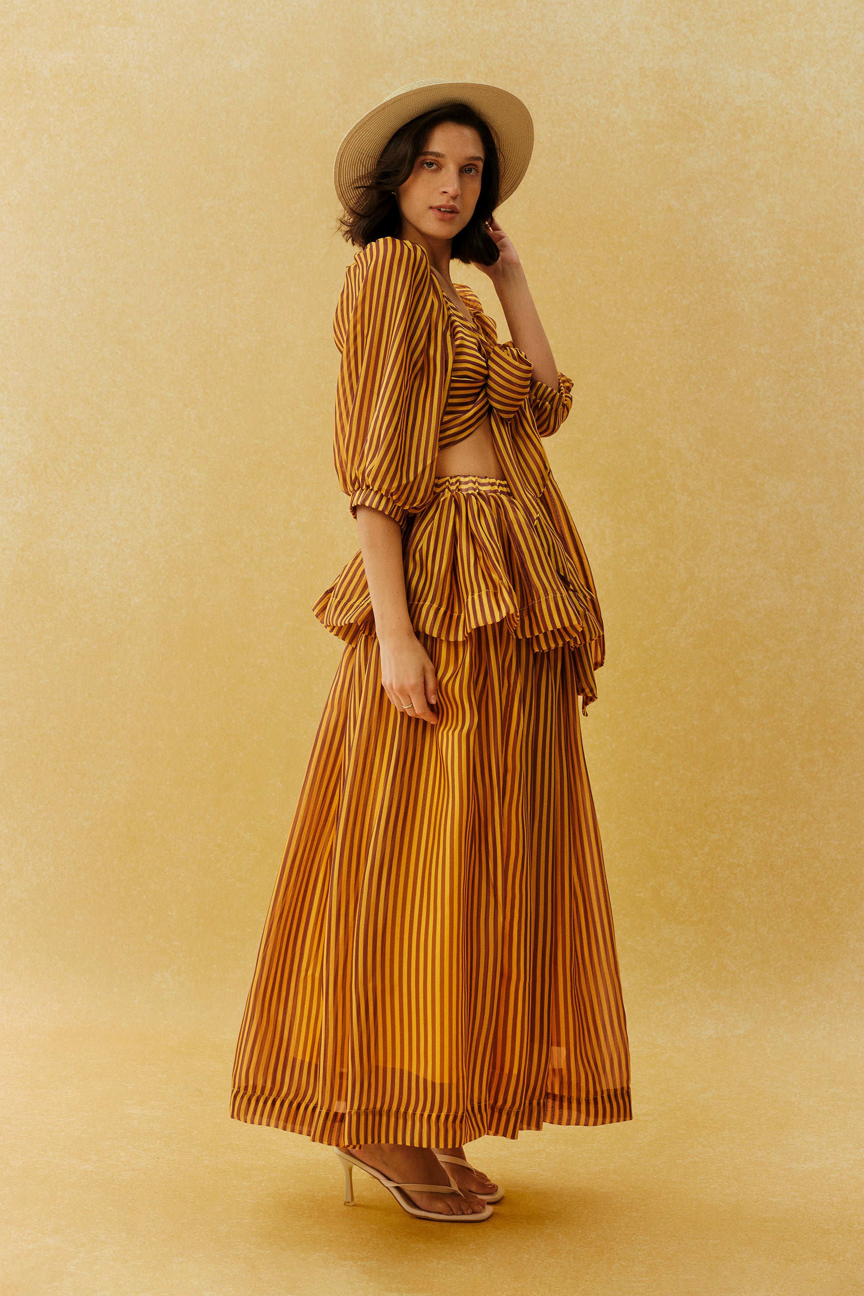 Lazy Holiday Burnt Orange Stripe Tie Front Crop Top & Skirt Set