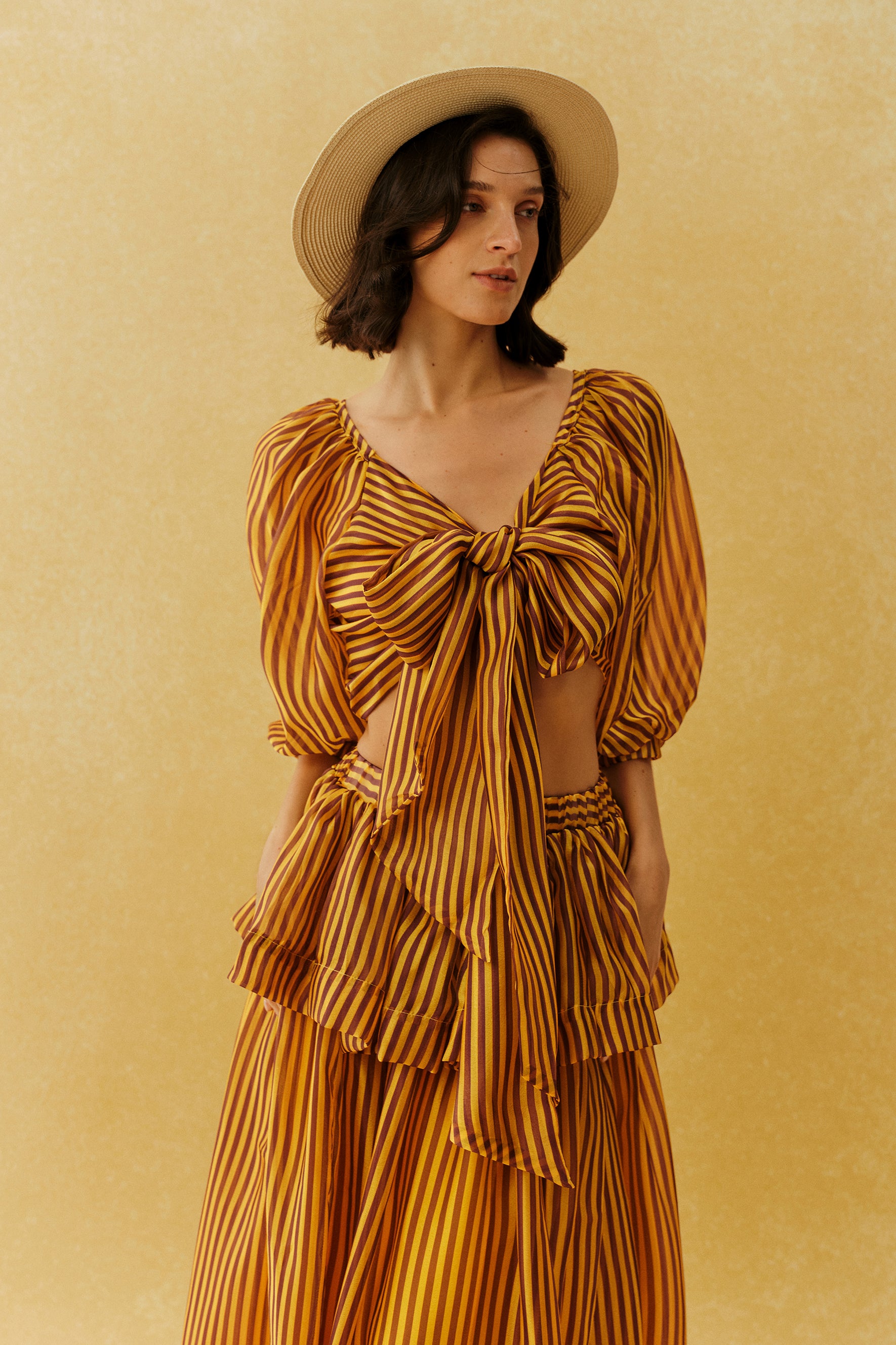 Lazy Holiday Burnt Orange Stripe Tie Front Crop Top & Skirt Set