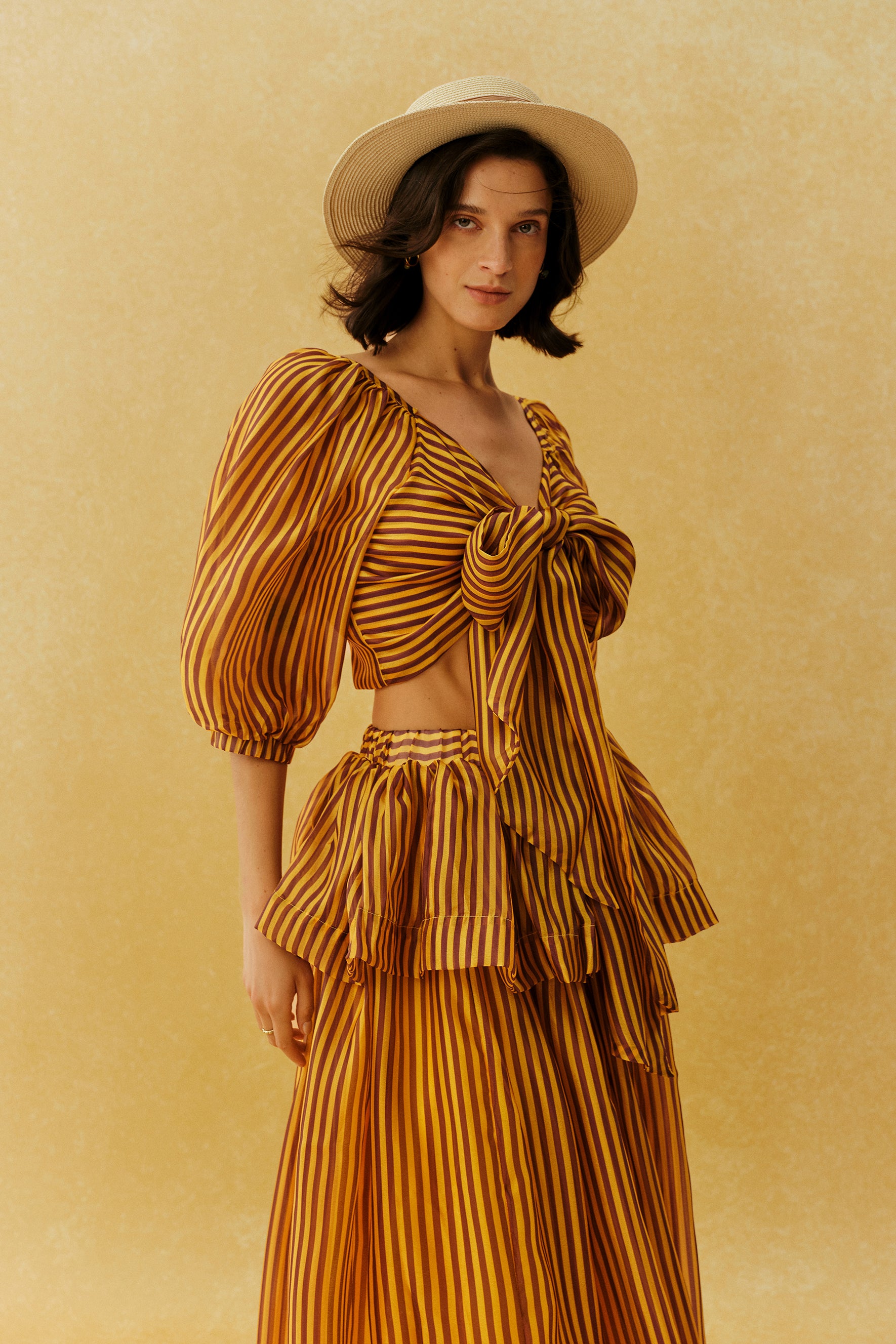 Lazy Holiday Burnt Orange Stripe Tie Front Crop Top & Skirt Set