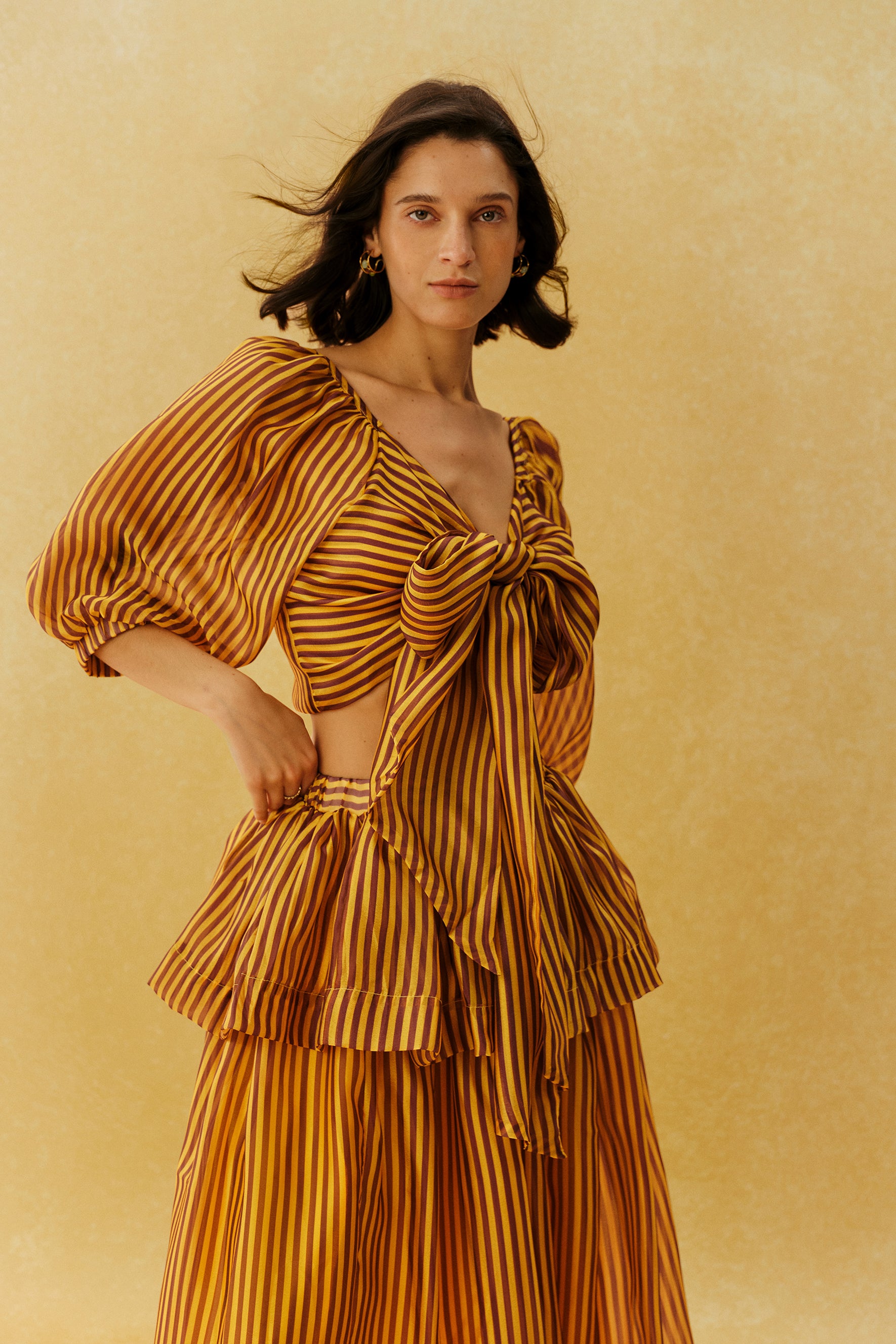 Lazy Holiday Burnt Orange Stripe Tie Front Crop Top & Skirt Set