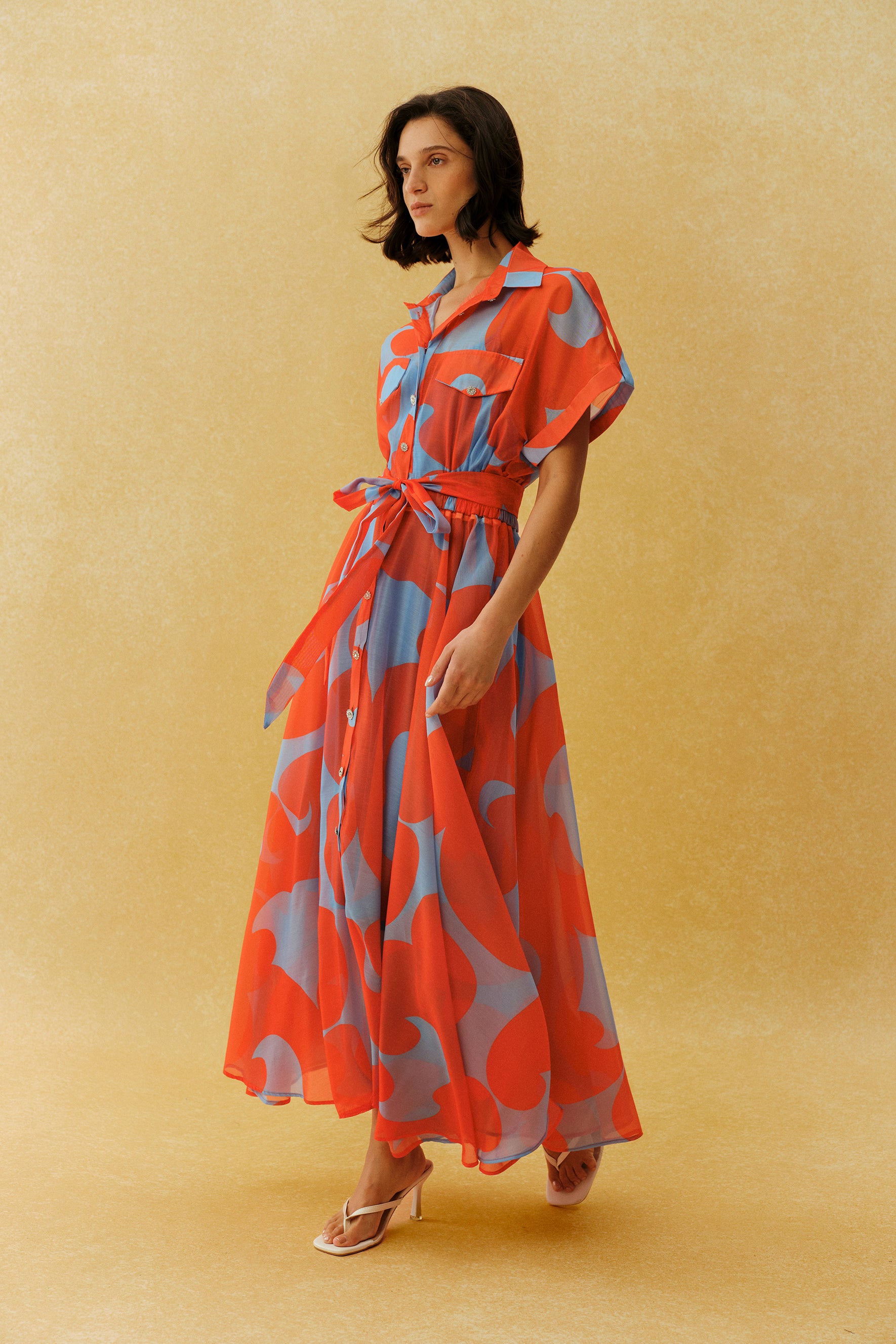 Vacation Mode Orange Abstract Print Short Sleeve Maxi Dress