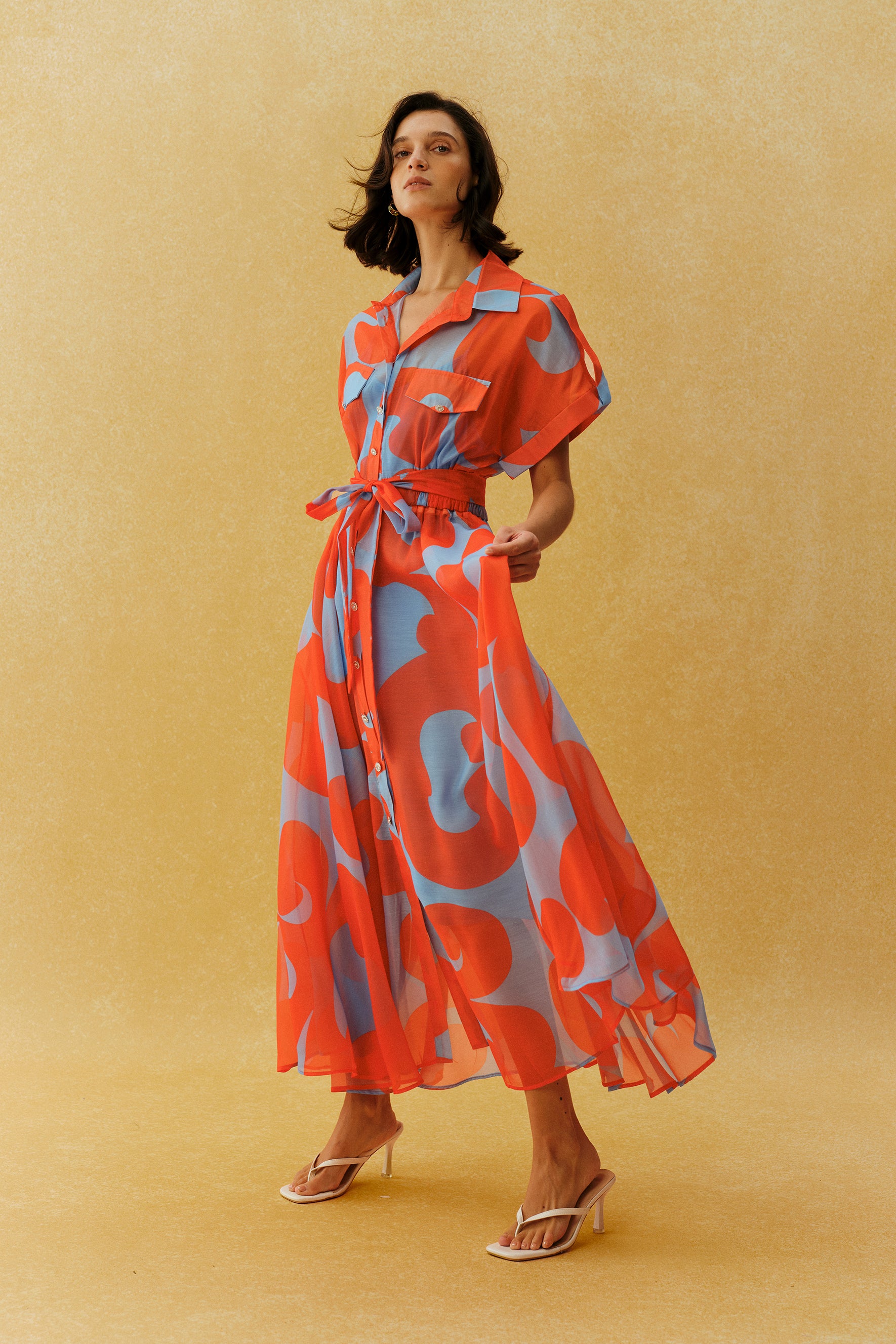 Vacation Mode Orange Abstract Print Short Sleeve Maxi Dress