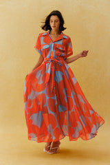 Vacation Mode Orange Abstract Print Short Sleeve Maxi Dress