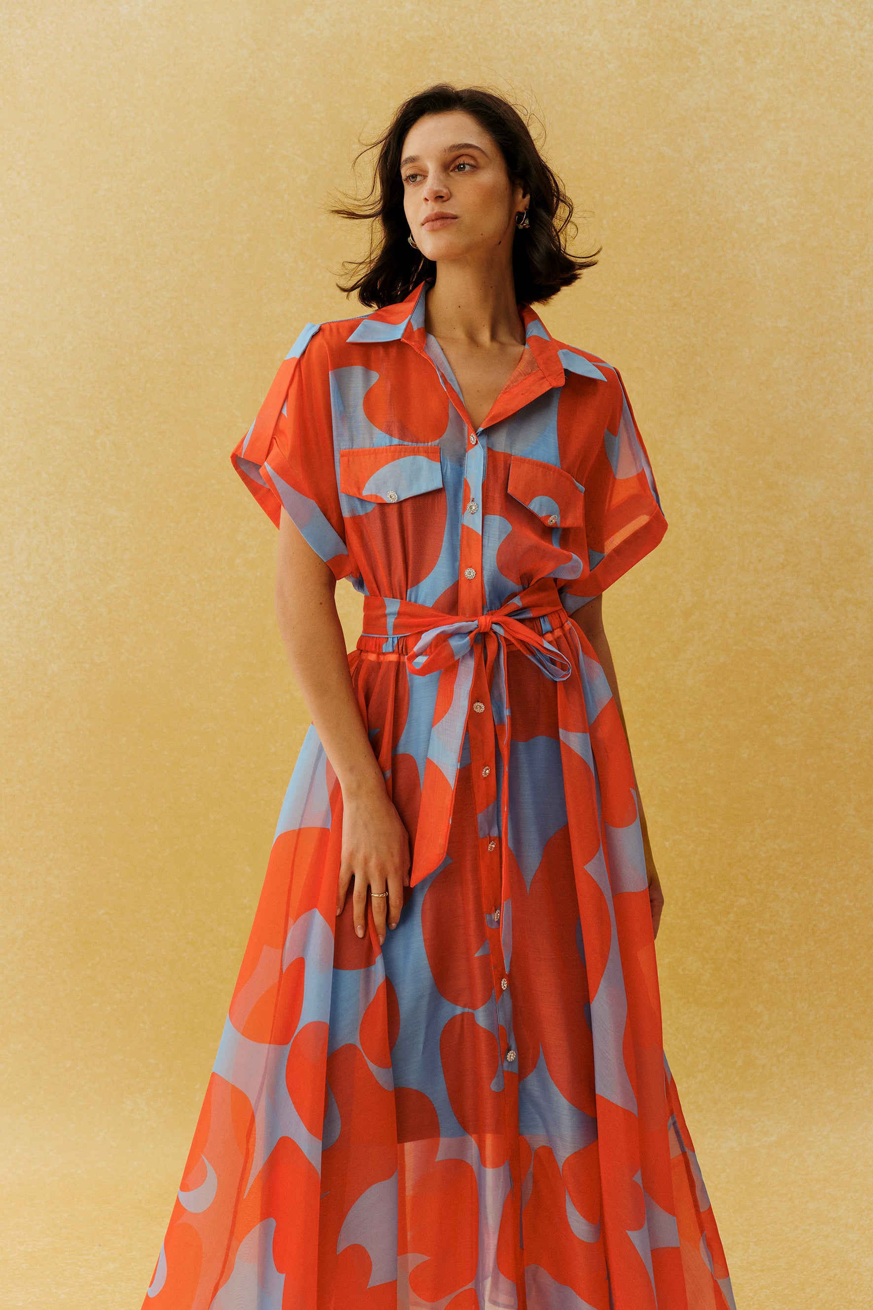 Vacation Mode Orange Abstract Print Short Sleeve Maxi Dress