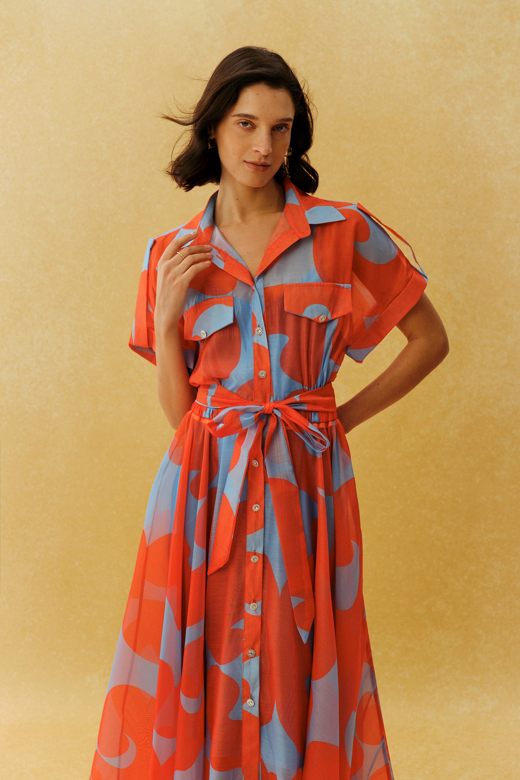 Vacation Mode Orange Abstract Print Short Sleeve Maxi Dress