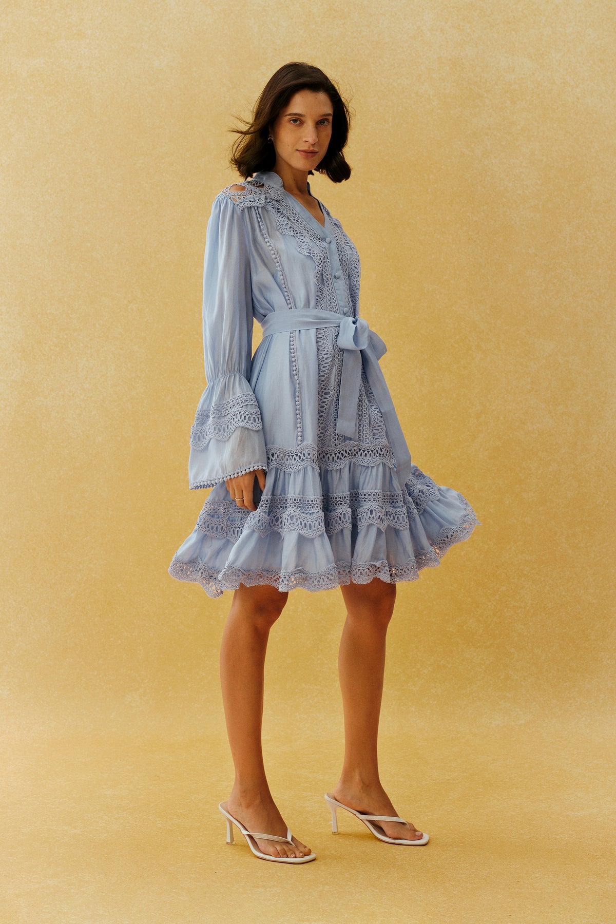 Sweet Afternoon Blue Lace Trim V Neck Tiered Mini Dress