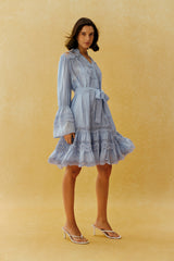 Sweet Afternoon Blue Lace Trim V Neck Tiered Mini Dress